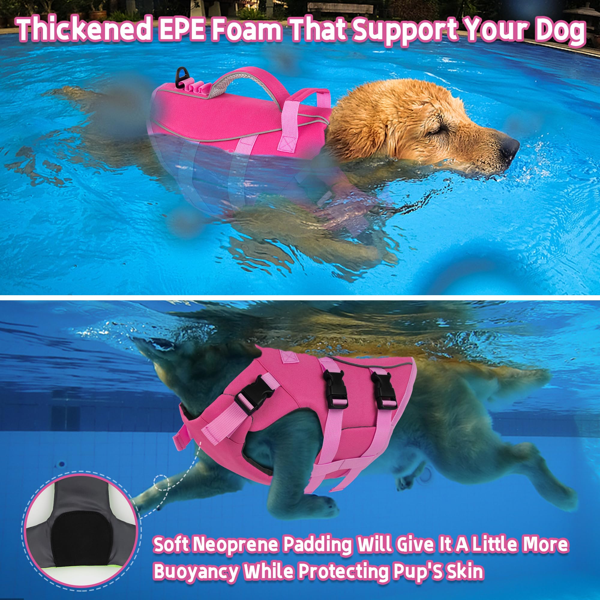 Dogcheer Dog Life Jacket With Double Rescue Handle, Reflective Dog Harness Life Vest For Swimming Boating, Adjustable Pet Swim V