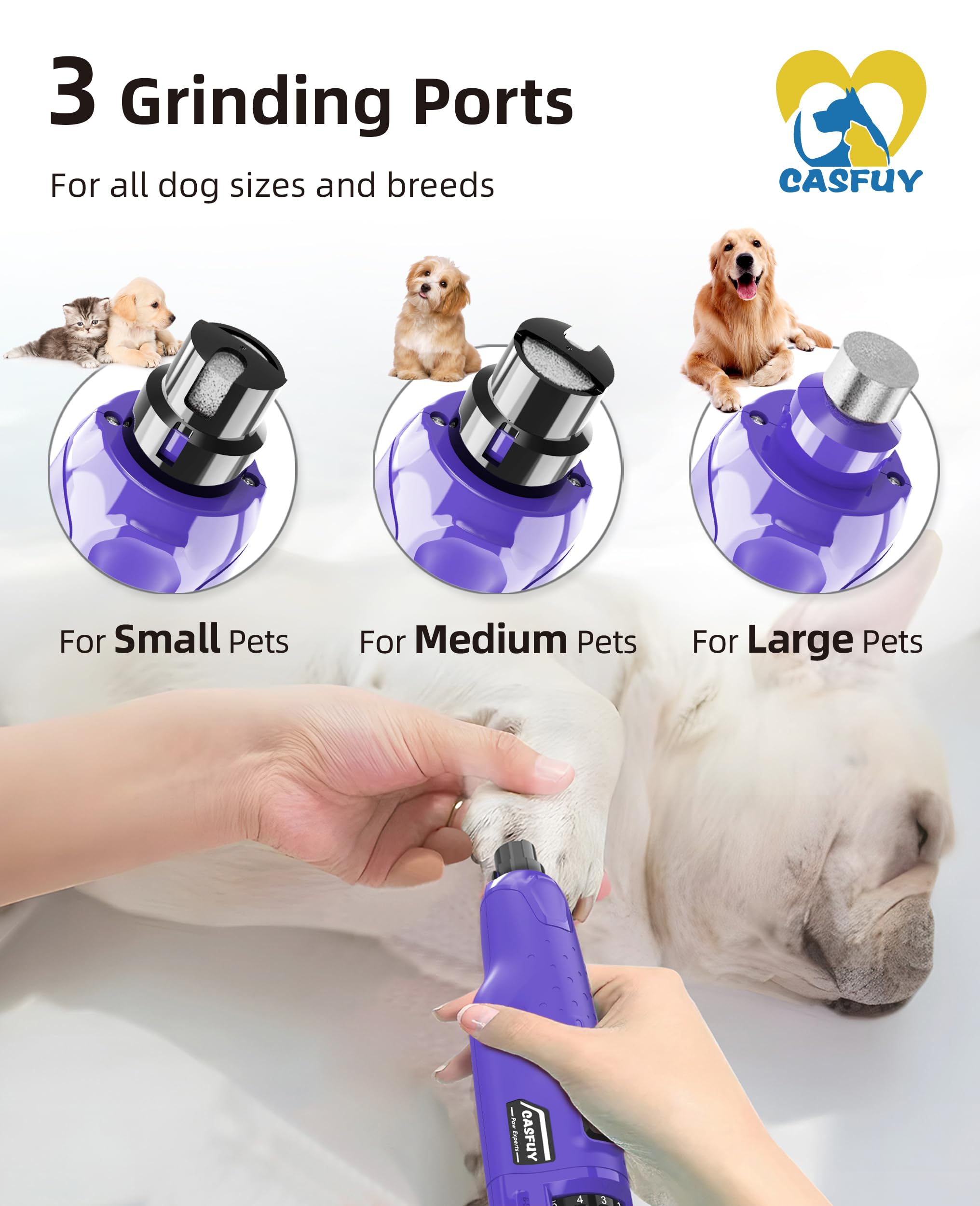 Casfuy Dog Nail Grinder N65 - 6-Speed, 45dB, Rechargeable, 2 LED Lights, for Large Medium Small Dogs/Cats - Purple
