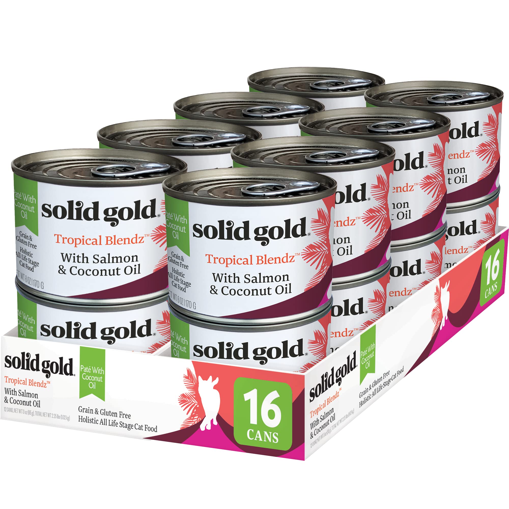 Solid Gold Tropical Blendz Salmon Pate in Coconut Oil - Nutrient-Rich Wet Cat Food for All Life Stages, 16 Pack