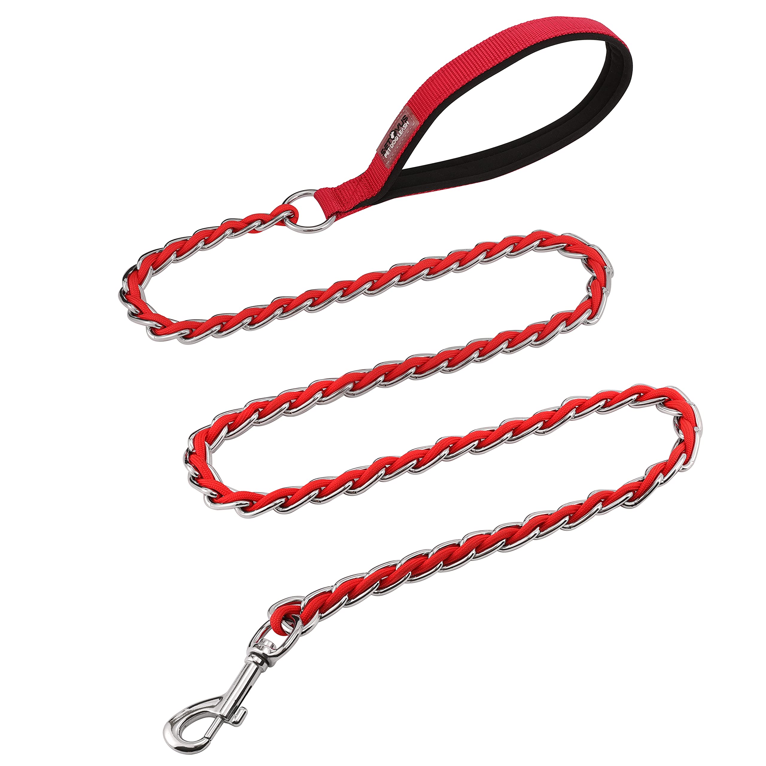 Chew Proof Metal Leash Chain Dog Leash For Medium Large Dogs, Chain Link Dog Leash Anti Chew 5.2Ft Strong Anti Bite Dog Leash Comfortable Soft Padded Handle Red