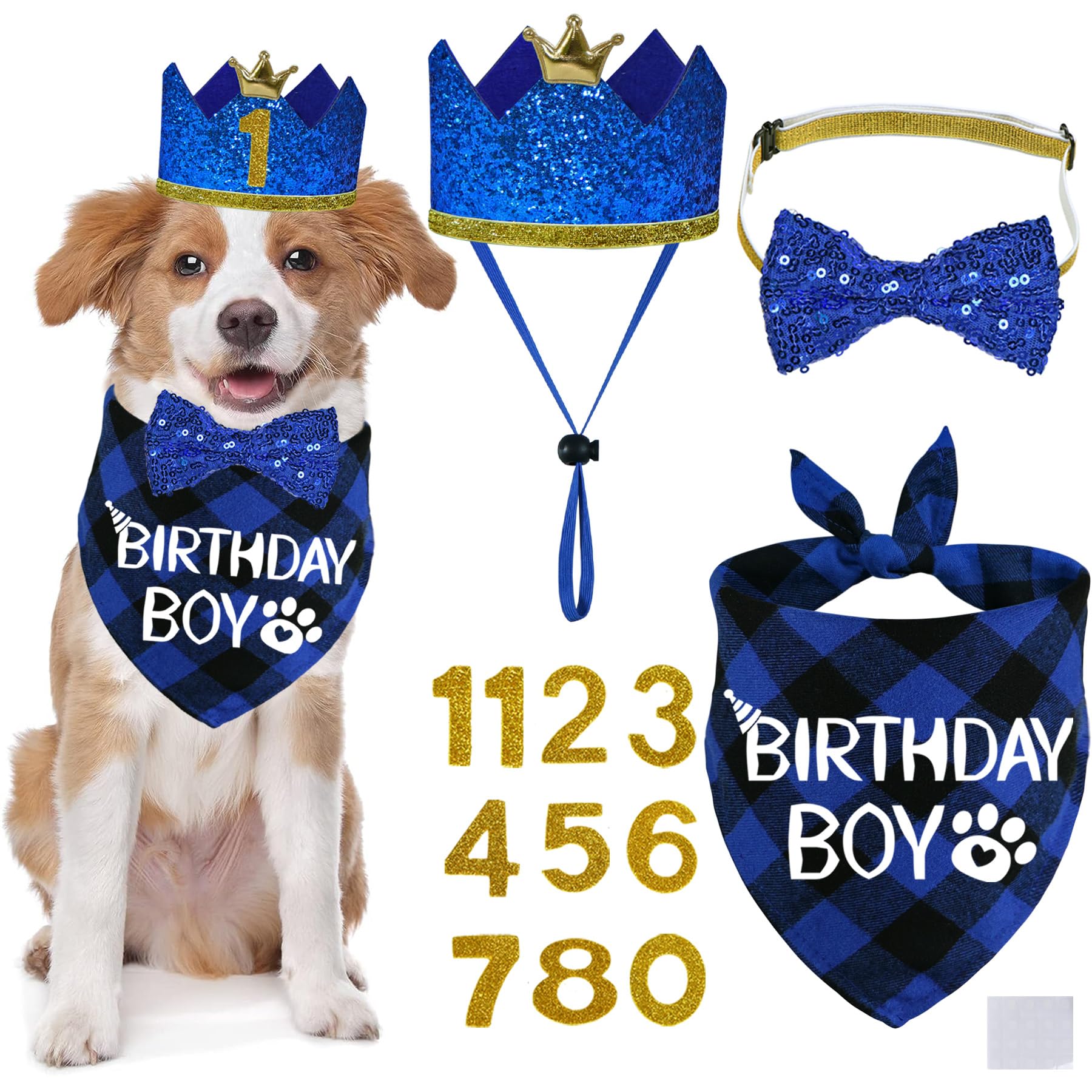 Stmk Dog Birthday Party Supplies, Multi Size Dog Birthday Hat With Numbers Bandana Bow Tie For Medium Large Dogs Pets (Blue, Lar