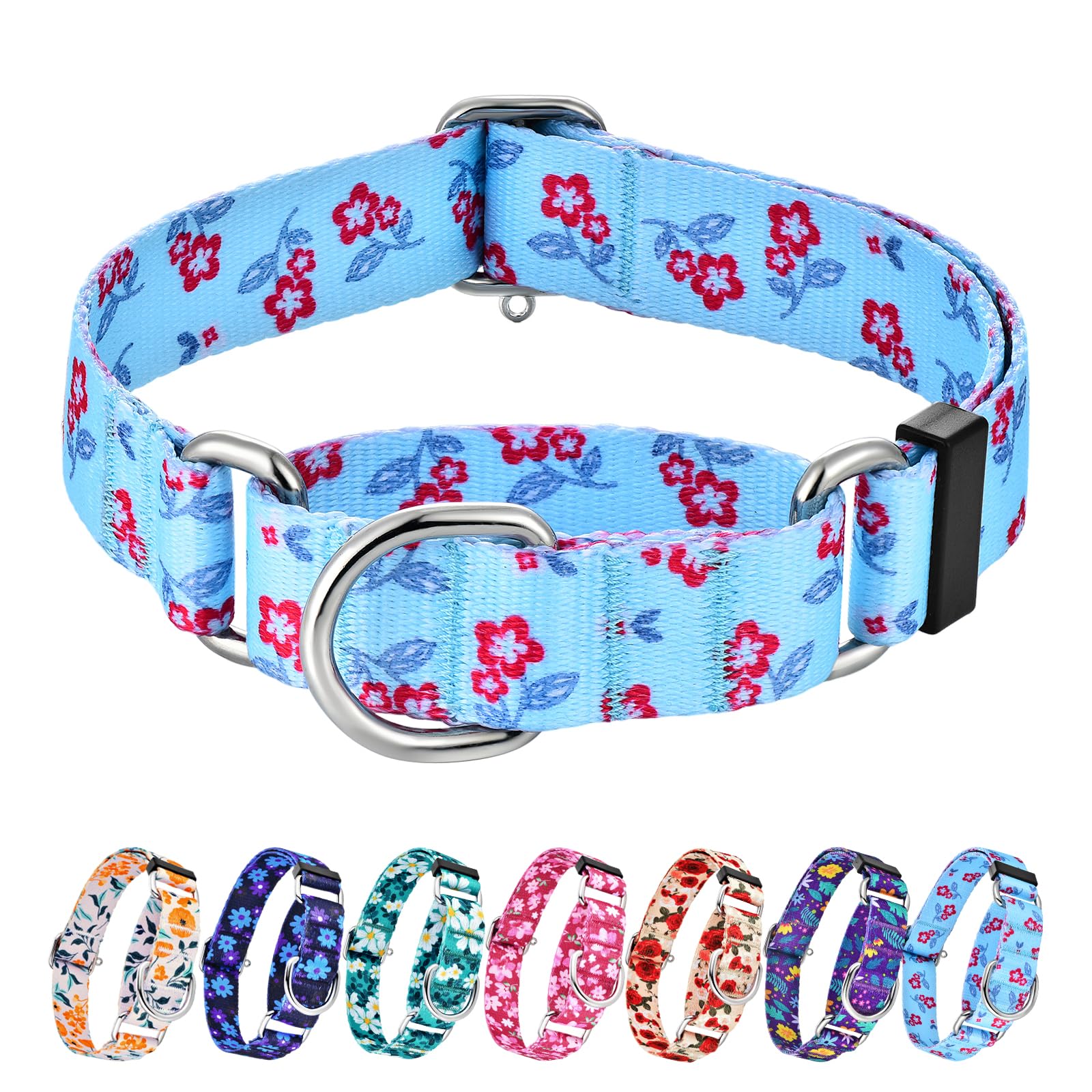 Hikiko Martingale Dog Collar With No Buckle Cute Girl Flower Dog Collars Comfortable Nylon Choke Collar For Puppy Dogs,Light Blu