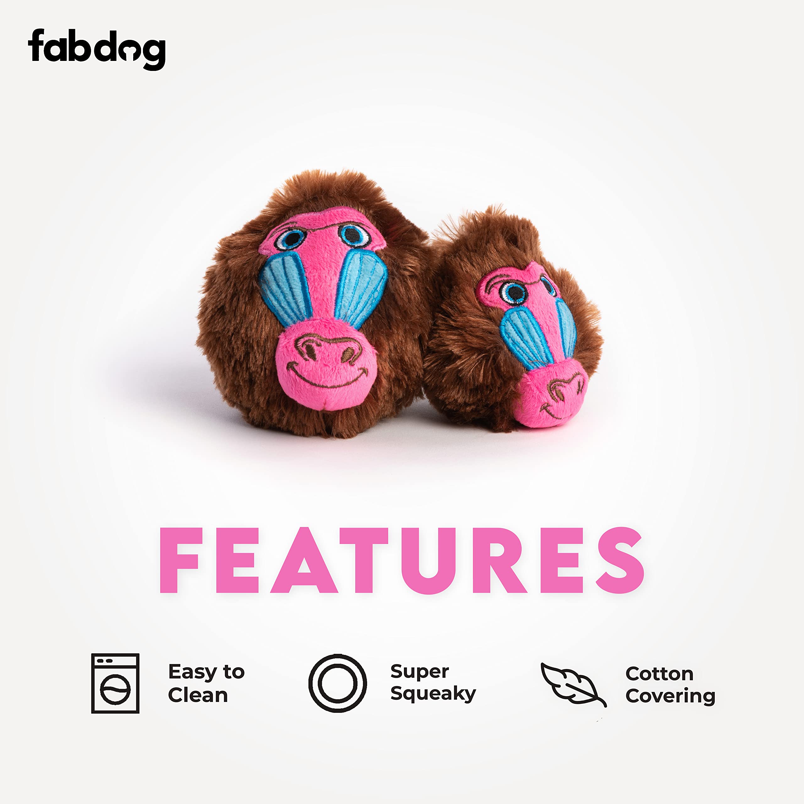 Fabdog Faballs Dog Ball Toys - Super Squeaky Durable Dog Toys For All Breeds - Plush Dog Squeak Toy Balls | Animal-Themed Plush Toys | Small Baboon