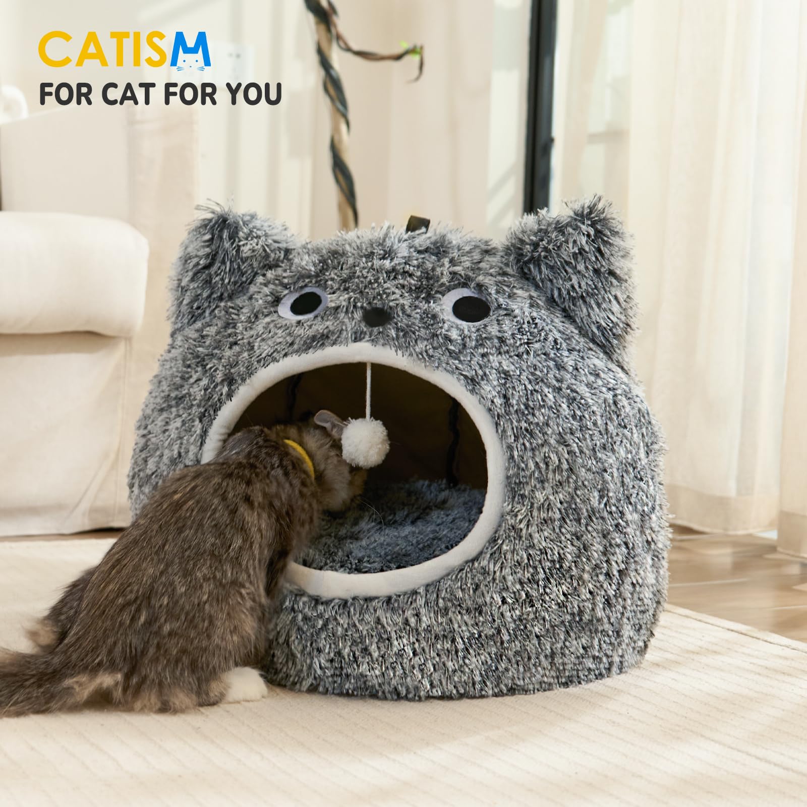 Catism Cat Bed For Indoor Cats - Cat Bed Cave Washable, Soft Plush, Removable Pillow, Non-Slip Base, Large Cave With Toy Balls F