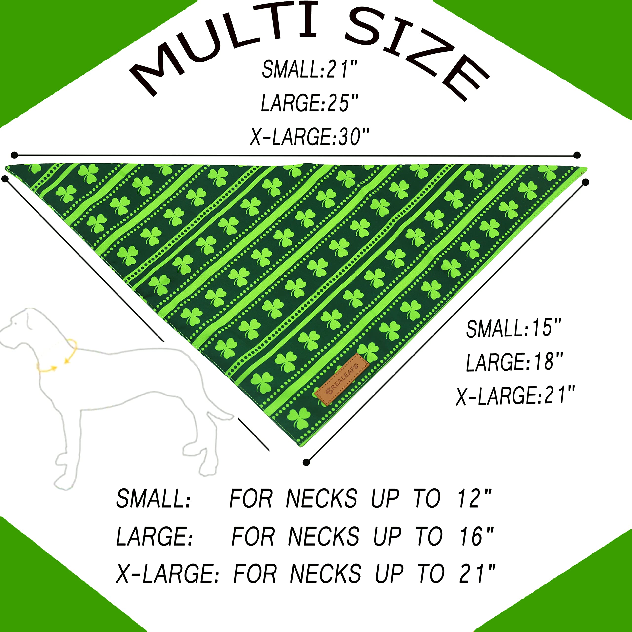 Realeaf St. Patrick's Day Dog Bandanas, Reversible X-Large Green Shamrock Scarf for Large Dogs, Premium Cotton Fabric