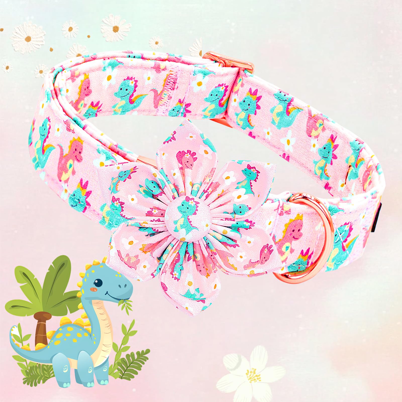 Lionheart Glory Dog Collar With Flower Dinosaurs Print Collars For Large Dogs, Spring Summer Cute Duty Adjustable Dog Flowers Co