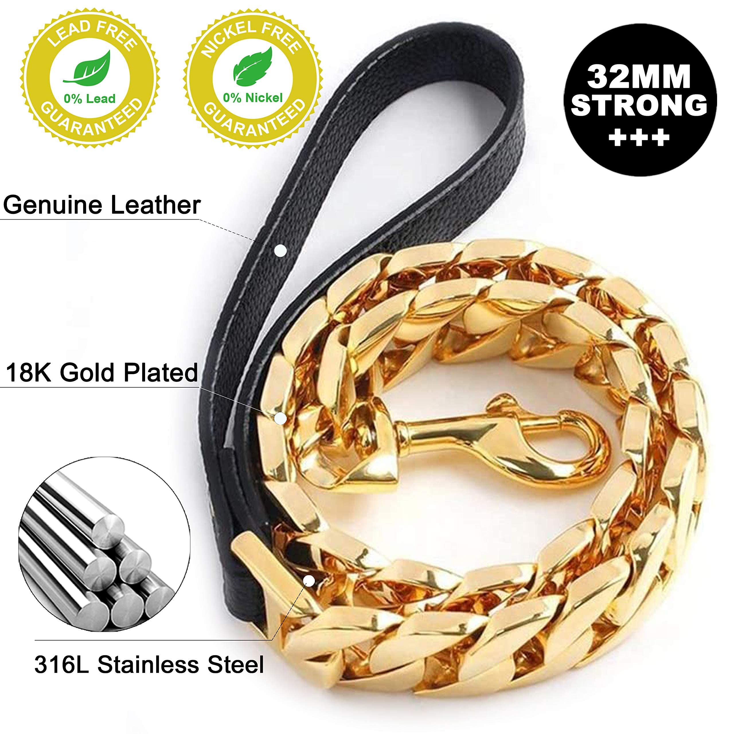 Big Chew Proof Dog Leash for Large Dogs, txprodogchains 32MM Thick Gold Chain Leash Heavy Duty Chain Dog Leash Stainless Steel D