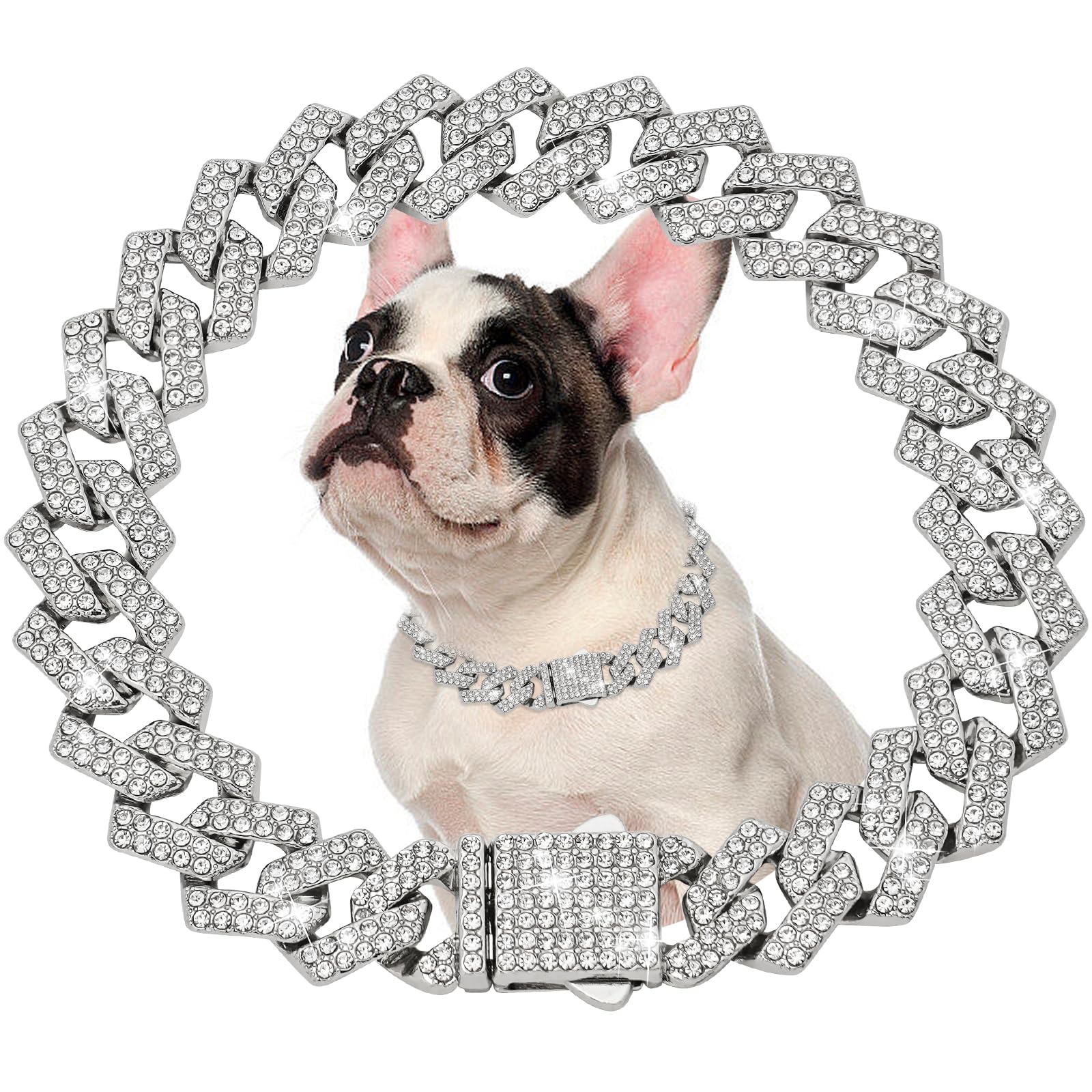 Jewphx Silver Dog Chain Collar Diamond Link 15Mm Wide Dog Necklace Metal Cat Chains Pet Crystal Collars Jewelry Accessories For 