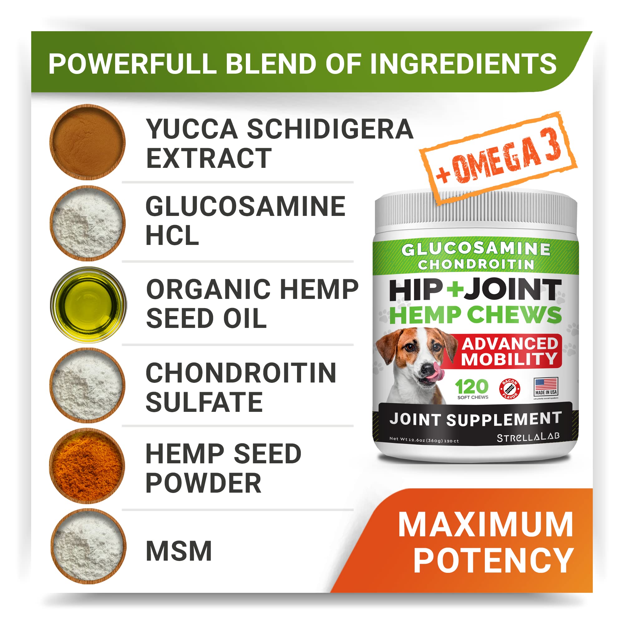 Hemp + Glucosamine Dog Joint Supplement - Hemp Chews for Dogs Hip Joint Pain Relief - Omega 3, Chondroitin, MSM - Advanced Mobil