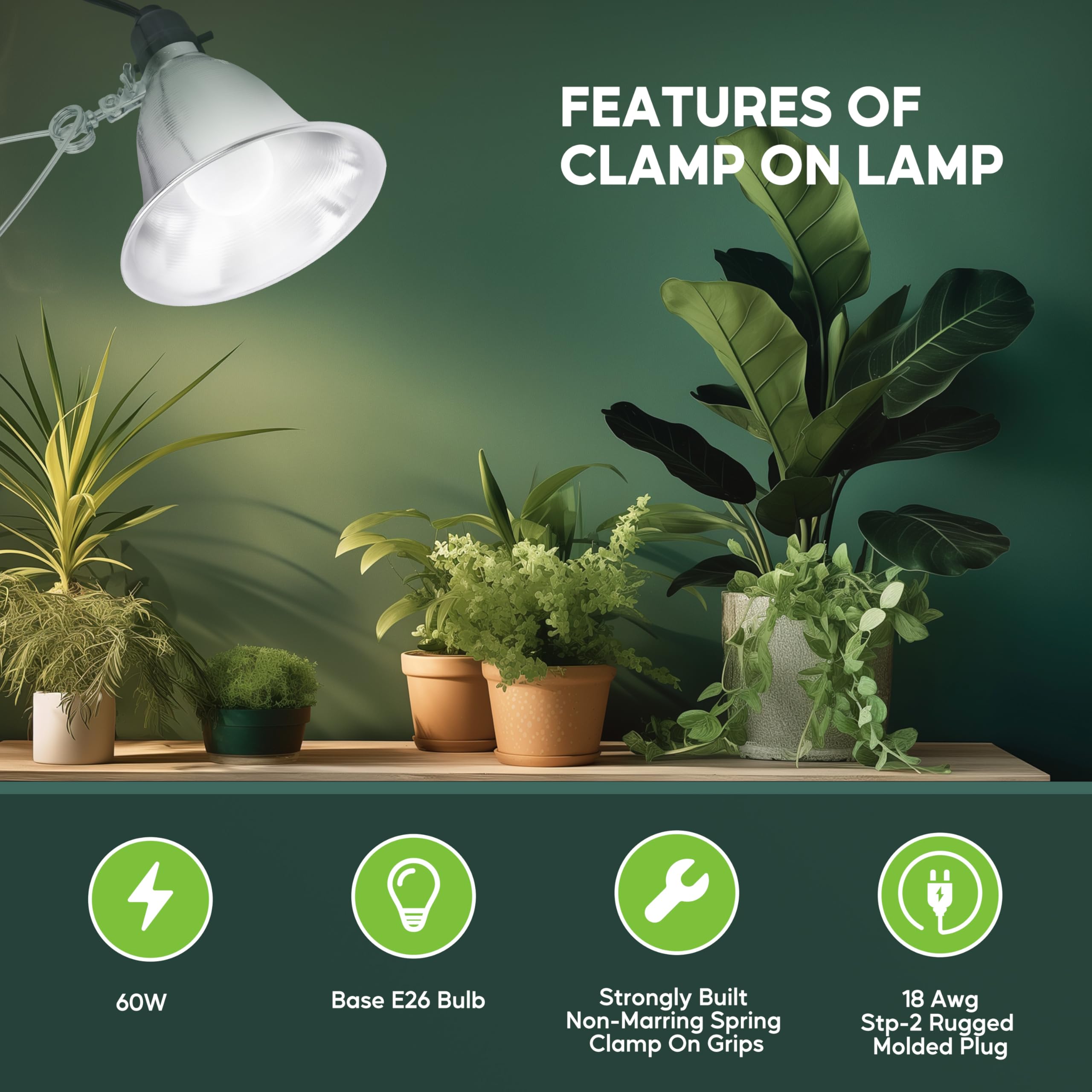 Healsmart 5.5'' Clamp Light Socket, 60-Watt Maximum With 6 Feet 18/2 Spt-2 Cord, Aluminum Reflector E26 (No Bulb Included), For