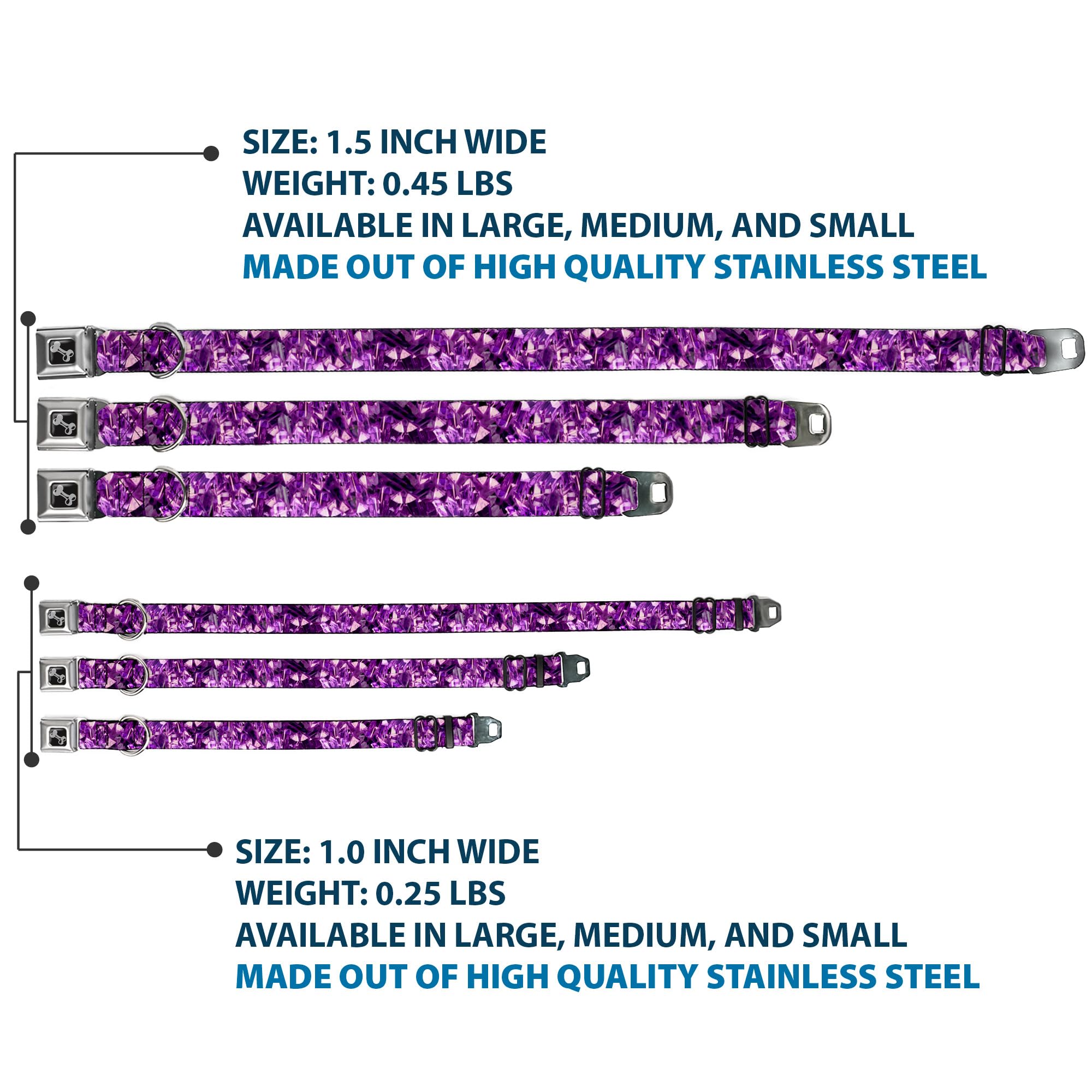 Buckle-Down Seatbelt Buckle Dog Collar - Crystals Purples - 1' Wide - Fits 11-17' Neck - Medium
