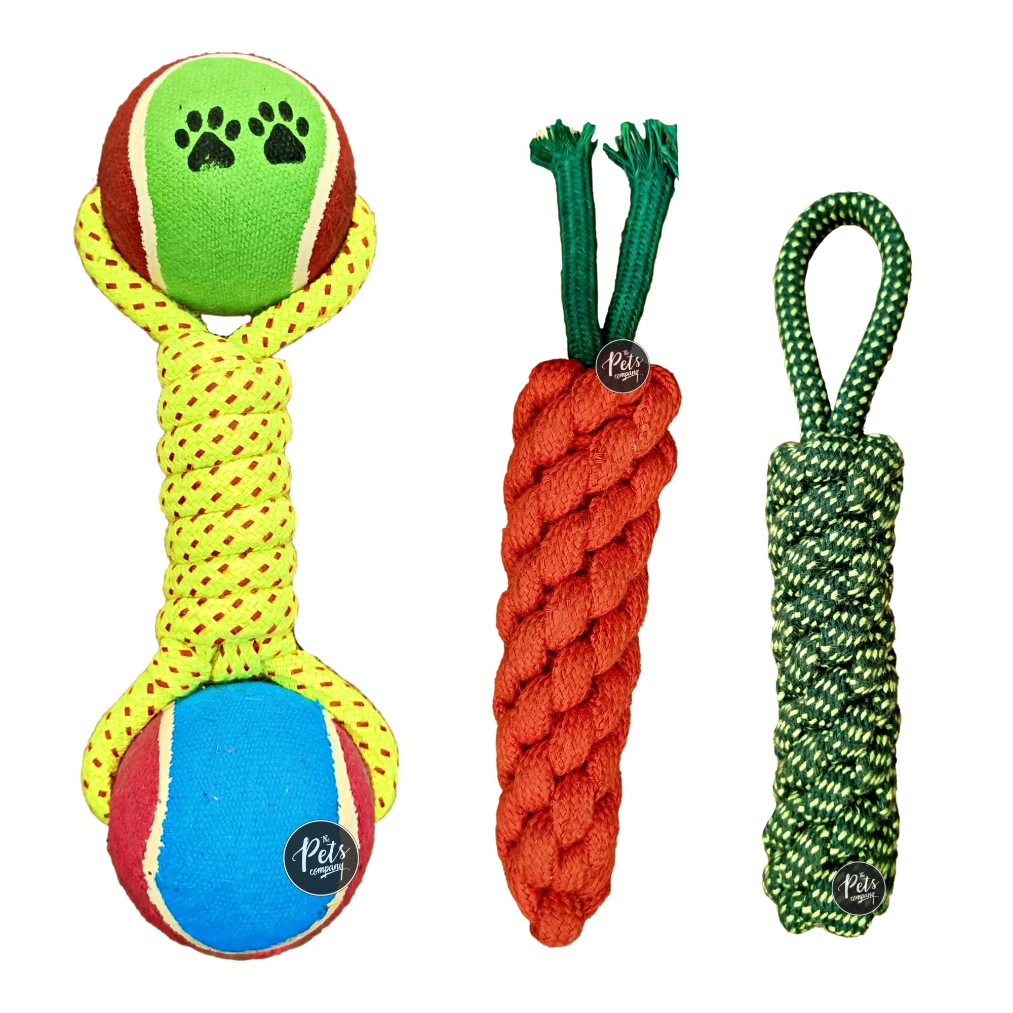 The Pets Company Dog Chew Toys For Puppy Teething & Training (Tennis Ball + Dumbell + Tug), Dog Rope Toy Combo Of 3 For Small & 