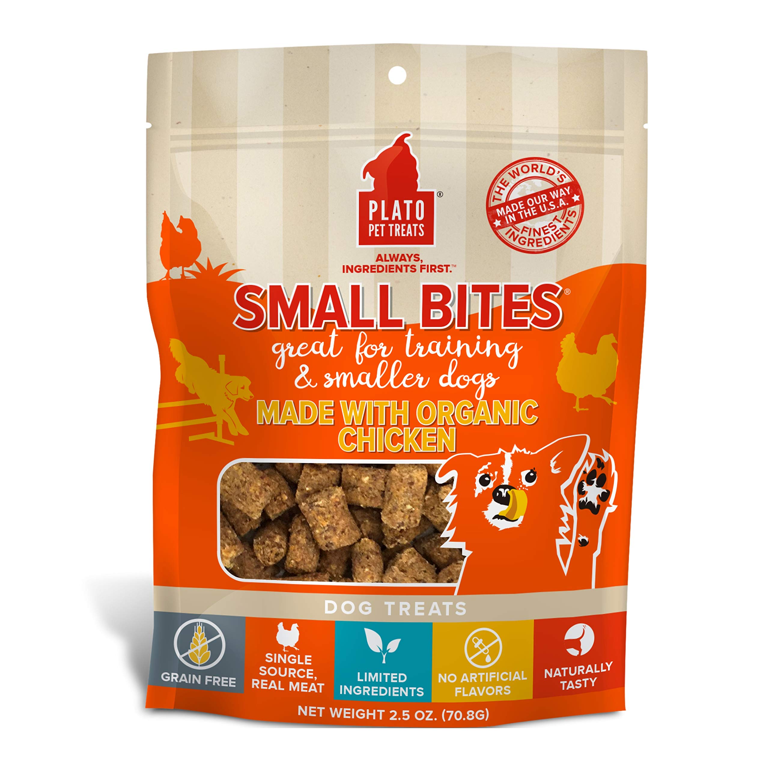 PLATO Small Bites Natural Training Dog Treats - Real Meat - Grain Free - Made in the USA - Organic Chicken Flavor, 2.5 ounces