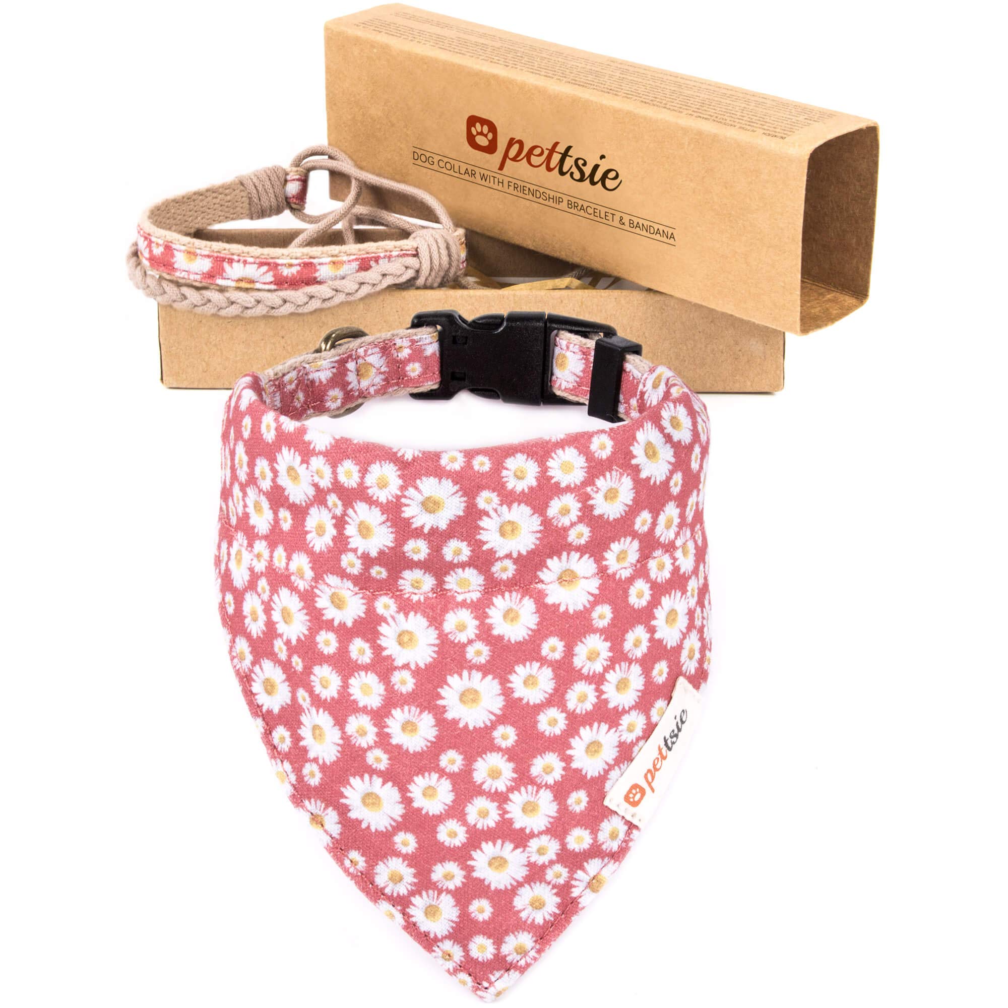 Pettsie Matching Dog Collar, Bandana, Friendship Bracelet, Durable Hemp, 3 Adjustable Sizes, Comfortable And Soft For Sensitive Skin, Carton Box, Strong D-Ring For Easy Leash Attachment, S, Pink