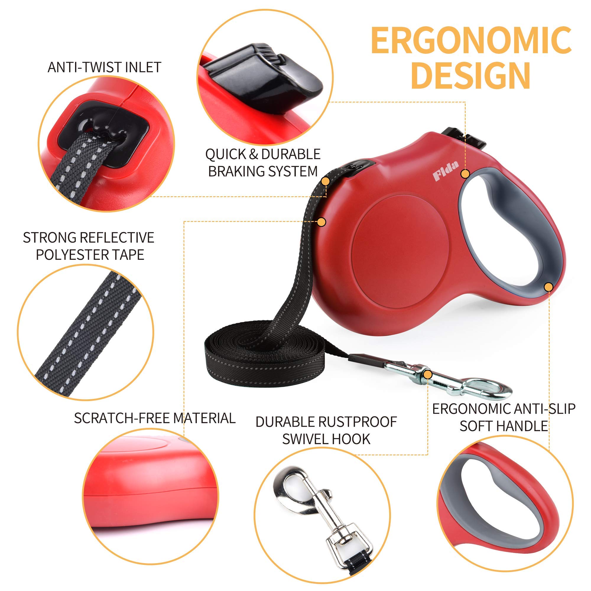 Fida Retractable Dog Leash, 16Ft Heavy Duty Pet Walking Leash For X-Small/Small/Medium/Large Dog Or Cat Up To 110 Lbs, Tangle Free. One-Hand Brake (Large, Red)