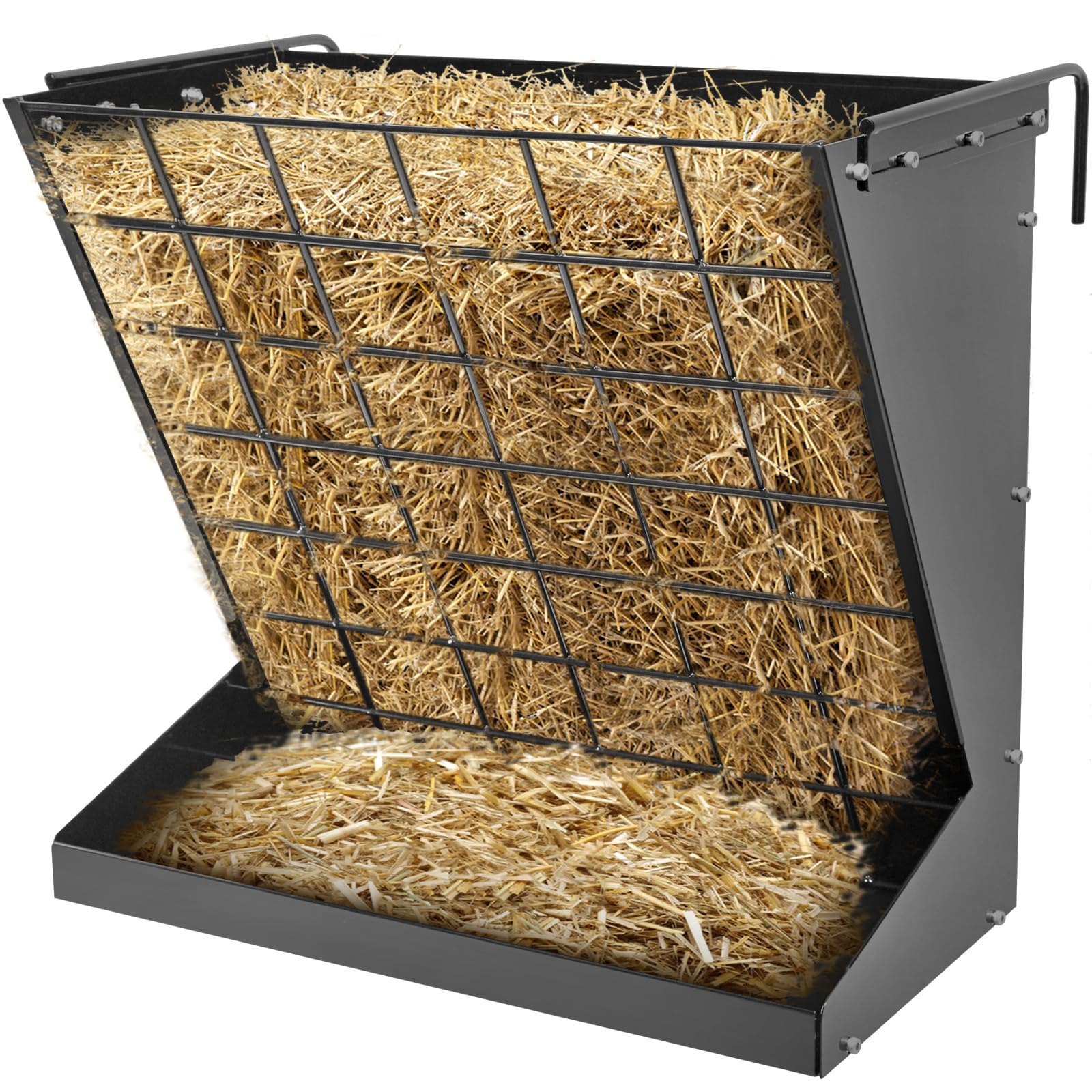 Wall Mount Hay Rack, Heavy-Duty Galvanized Metal 2 in 1 Hay and Grain Feeder, Livestock Feeder with Adjustable Distance, Hay Fee