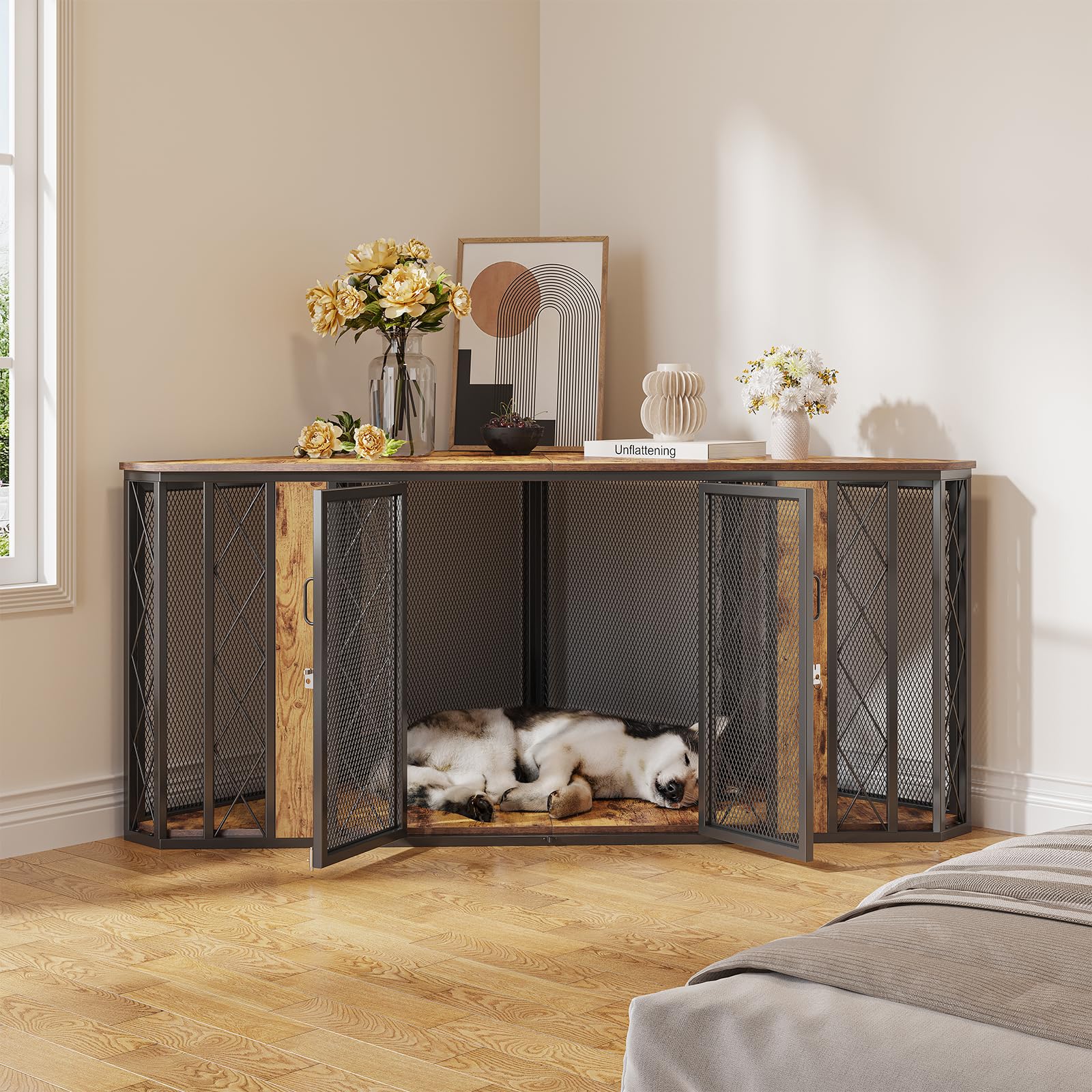 ?????????????? 67  XL Corner Dog Crate Furniture, Large Wooden Dog Kennel Furniture with 2 Doors, Decorative Dog Crate, Dog Kenn