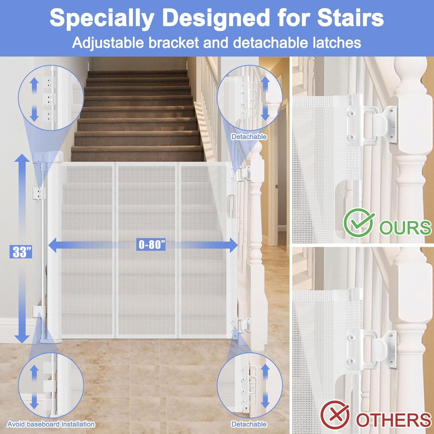 BETERTEK Reinforced Retractable Child Gate for Stairs, 33" x 80", White, Model HY-A127, Extra Wide for Dogs and Toddlers