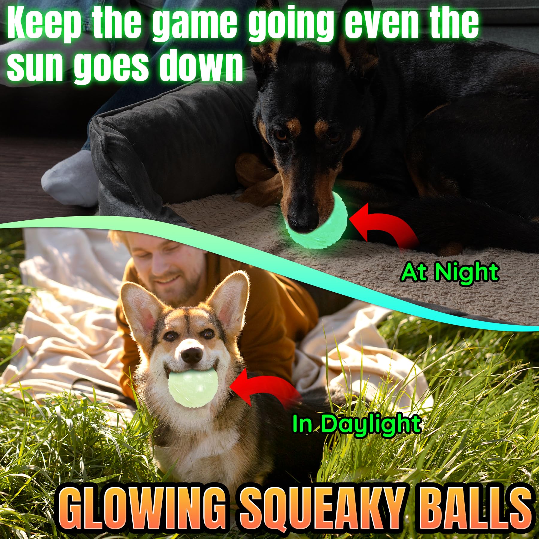 Lechong 4-Pack 2.5    Glow In The Dark Squeaky Dog Balls, Durable Glowing Bouncy Rubber Fetch Toy Balls For Small Medium Puppy D