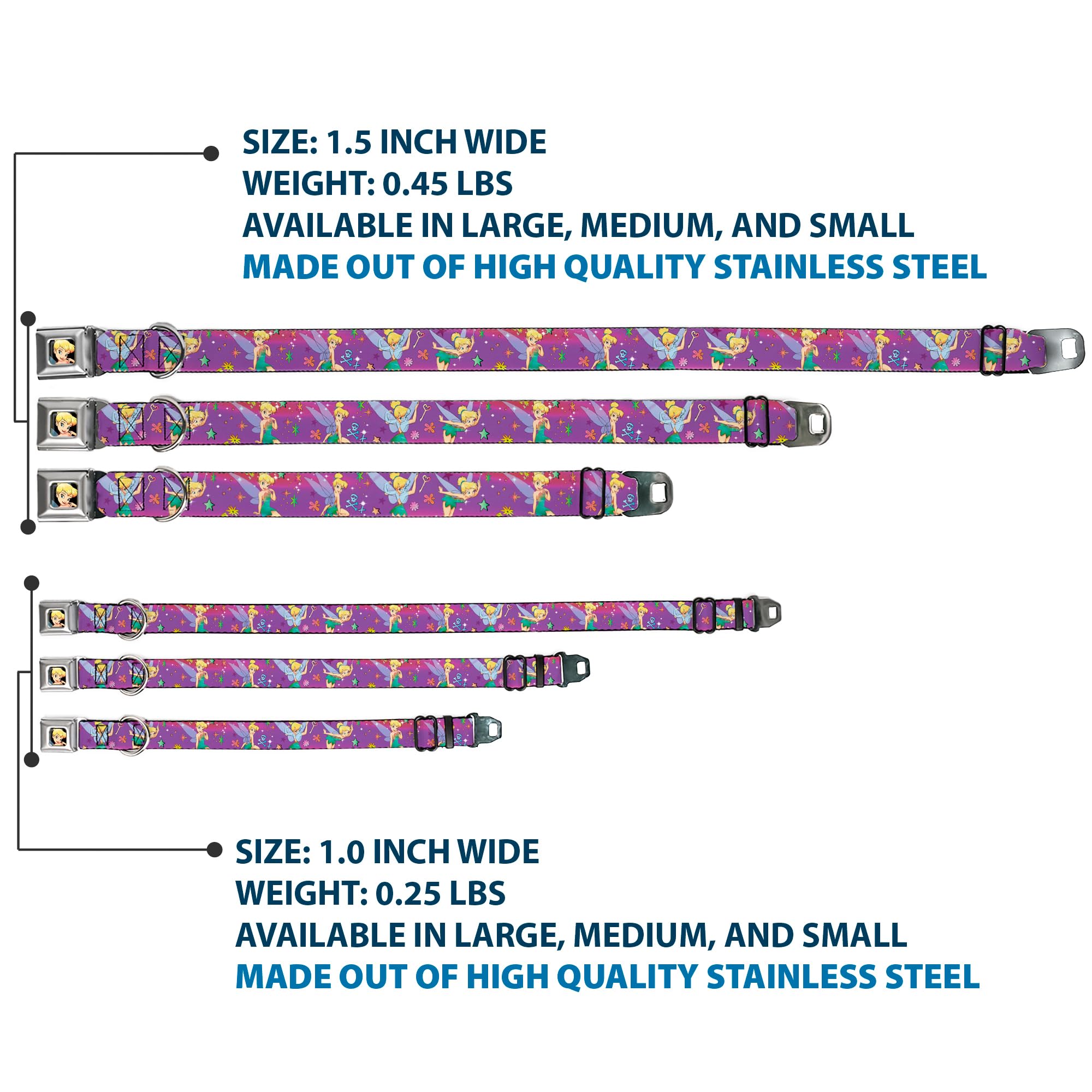 Buckle-Down Dog Collar Seatbelt Buckle Tinker Bell Poses Flowers Stars Skull Purple, Multi Color, 1' Wide - Fits 9-15' Neck -
