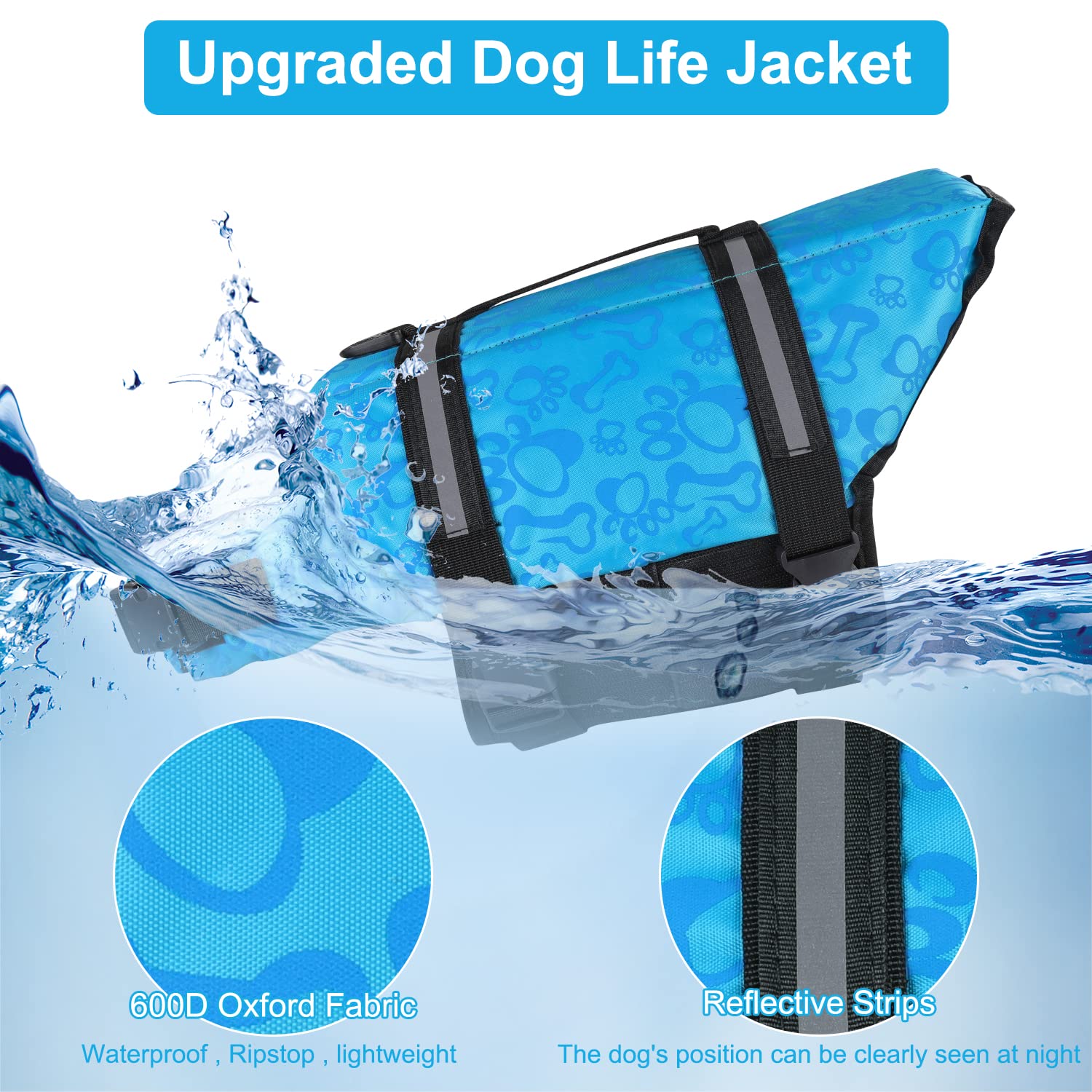 Haocoo Dog Life Jacket Vest Saver Safety Swimsuit Preserver With Reflective Stripes/Adjustable Belt Dogs?Blue Bone,L
