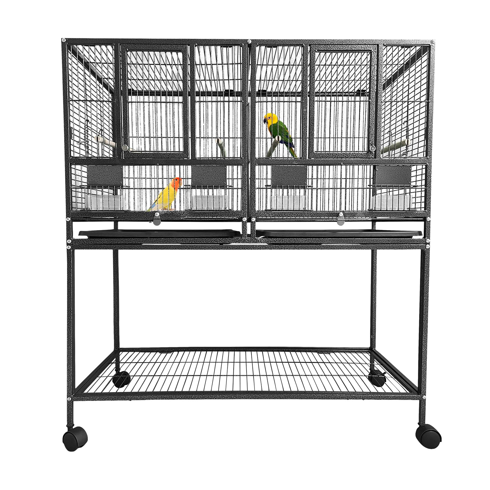 43 Inch Bird Cage with Wooden Perches, Standing Wrought Iron Birdcage Large Parrot Flight Bird Cage with Rolling Stand Birdcages
