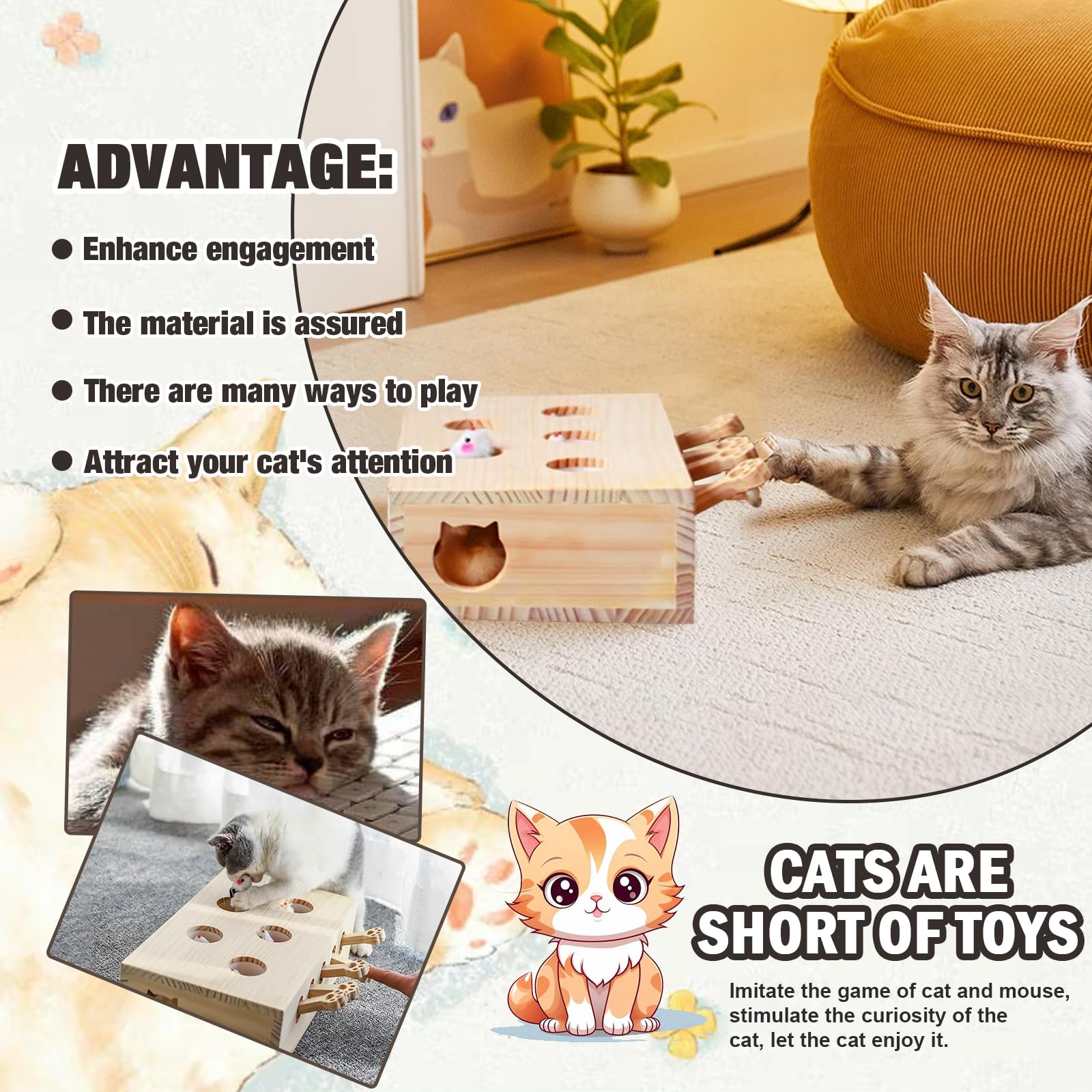 Xanadued Interactive Wooden Cat Toy, Solid Wood Toys For Indoor Cats Kitten Catch Mice Game, Cat Scratcher And Toy, Cat Interact