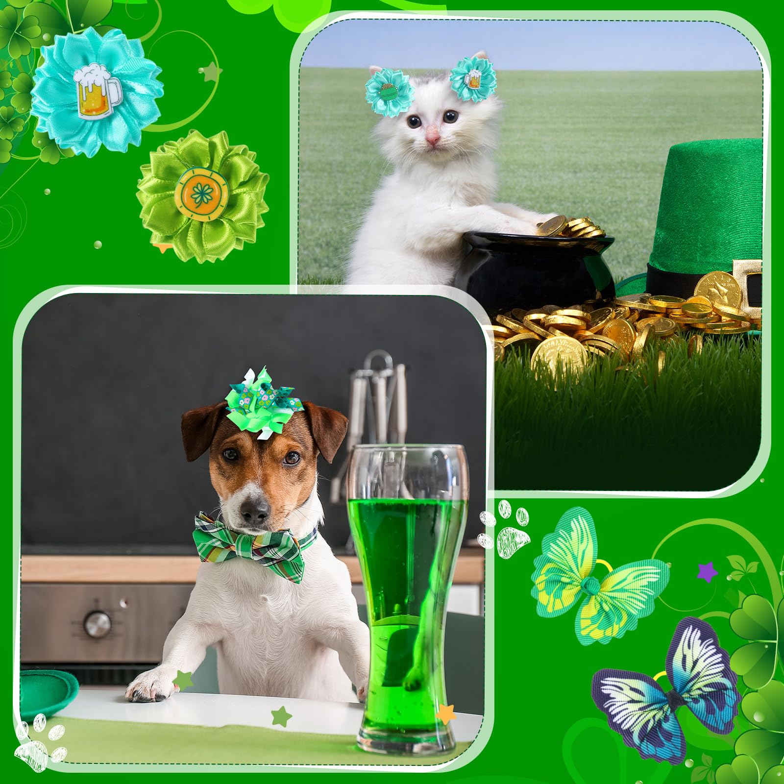 Wavwavw 52 Pieces St Patrick'S Day Bulk Dog Hair Bows With Rubber Bands St Patrick'S Day Dog Grooming Shamrock Bows Holiday Iris