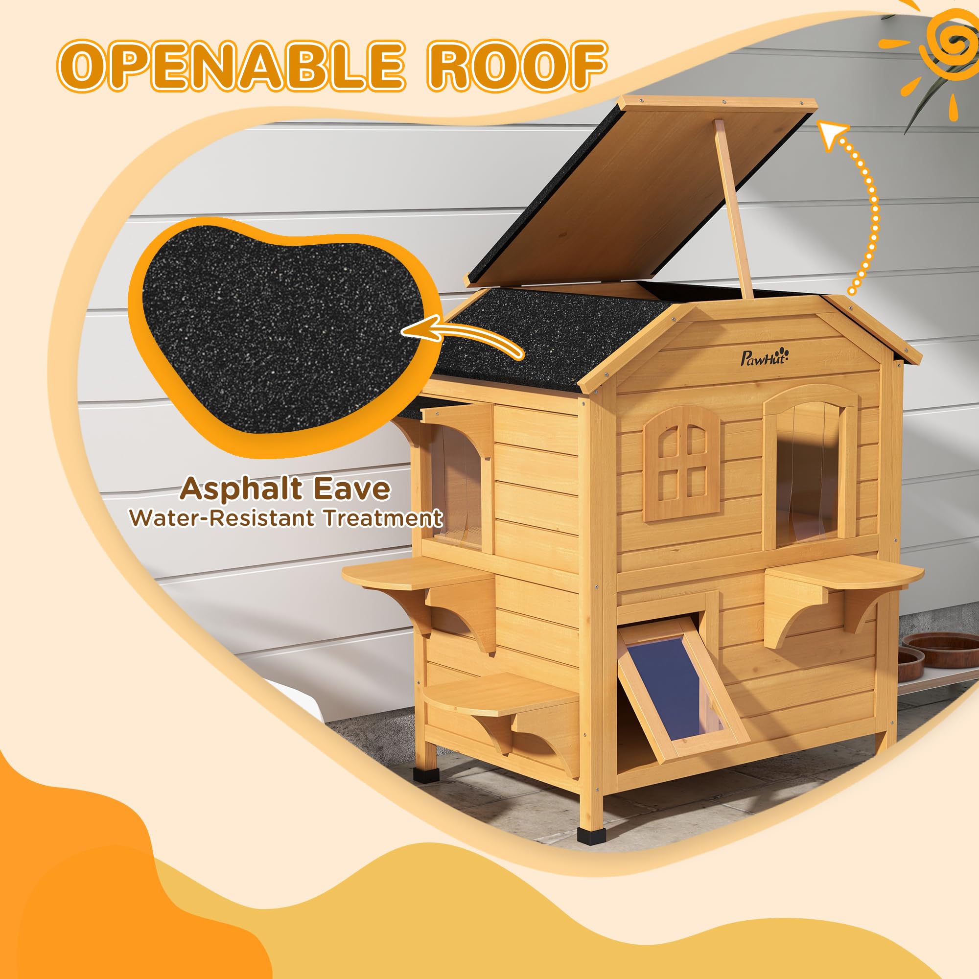 Pawhut 2-Story Cat House Outdoor, Weatherproof Wooden Cat Enclosure For Feral Cats With Escape Door, Openable Roof, Jumping Platforms, Natural