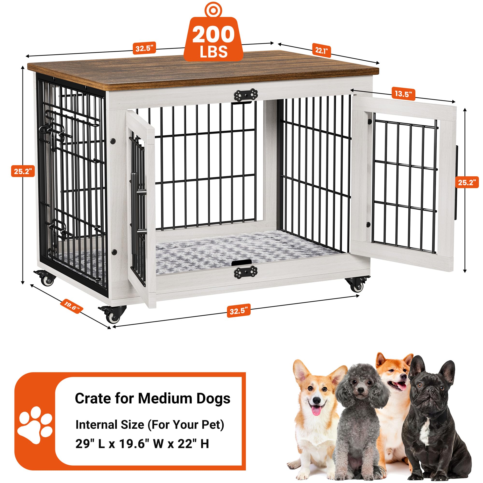 Lulive Dog Crate Furniture for Medium Dogs, 32" Wooden Kennel with Cushion & Wheels, White, Model PT007402