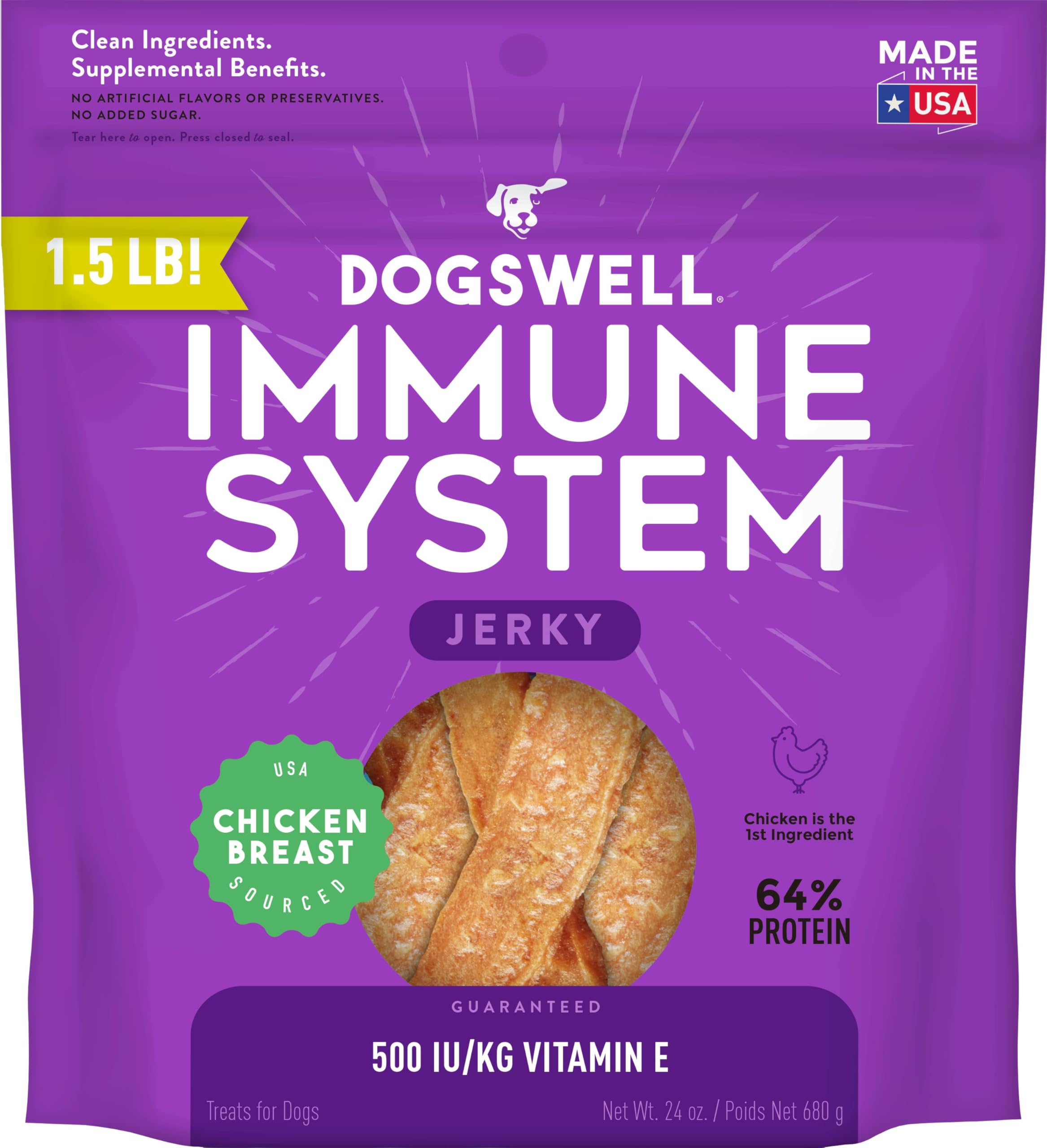 DOGSWELL Immunity & Defense, Flaxseed Oil, Turmeric, Vitamin E & A, Healthy Aging, Chicken Jerky 24 oz. (842197)
