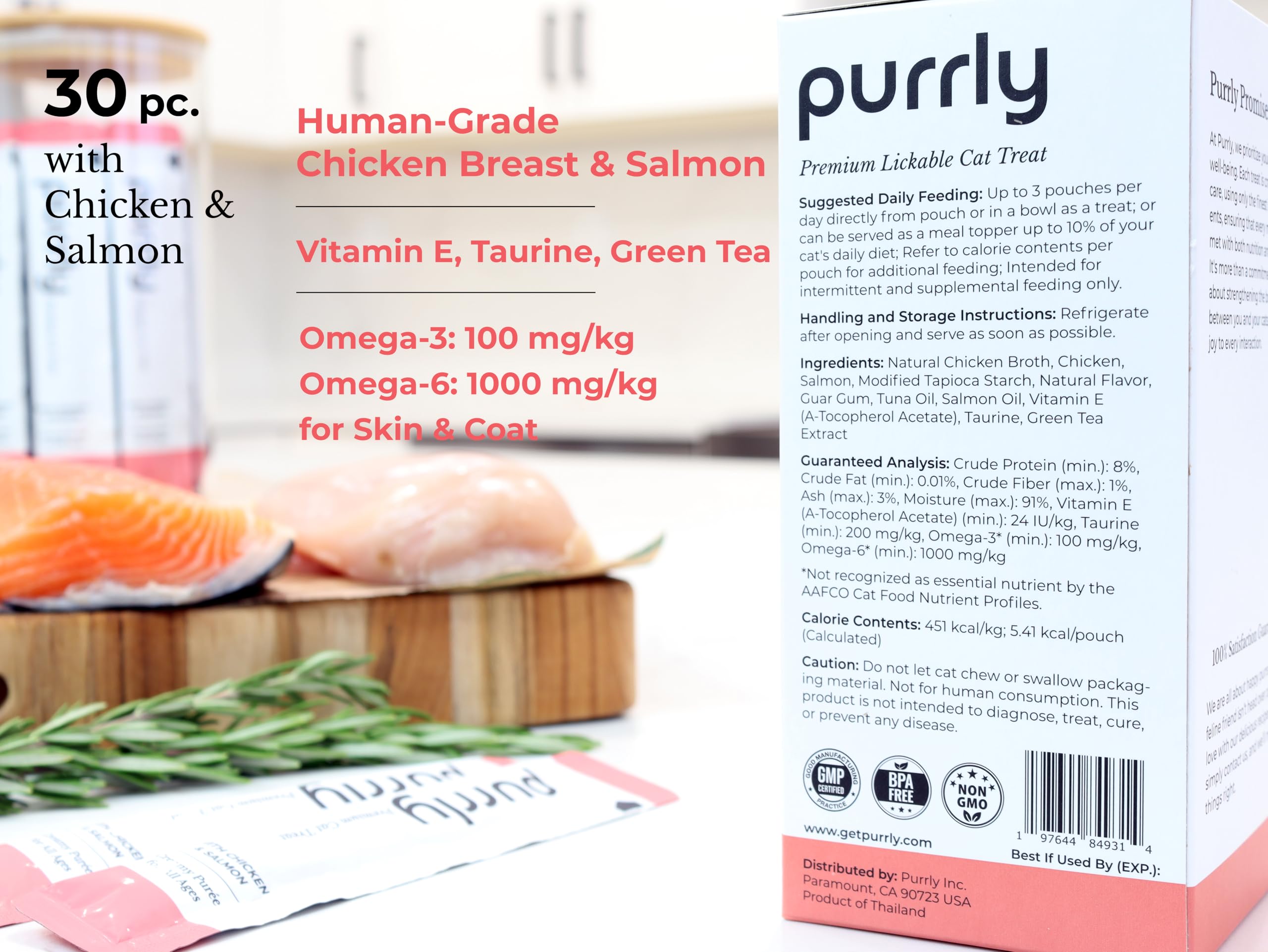 Purrly Low Calorie Premium Lickable Cat Treat Topper Healthy Chicken Variety Bundle (90 Count) Human-Grade Protein Sources with