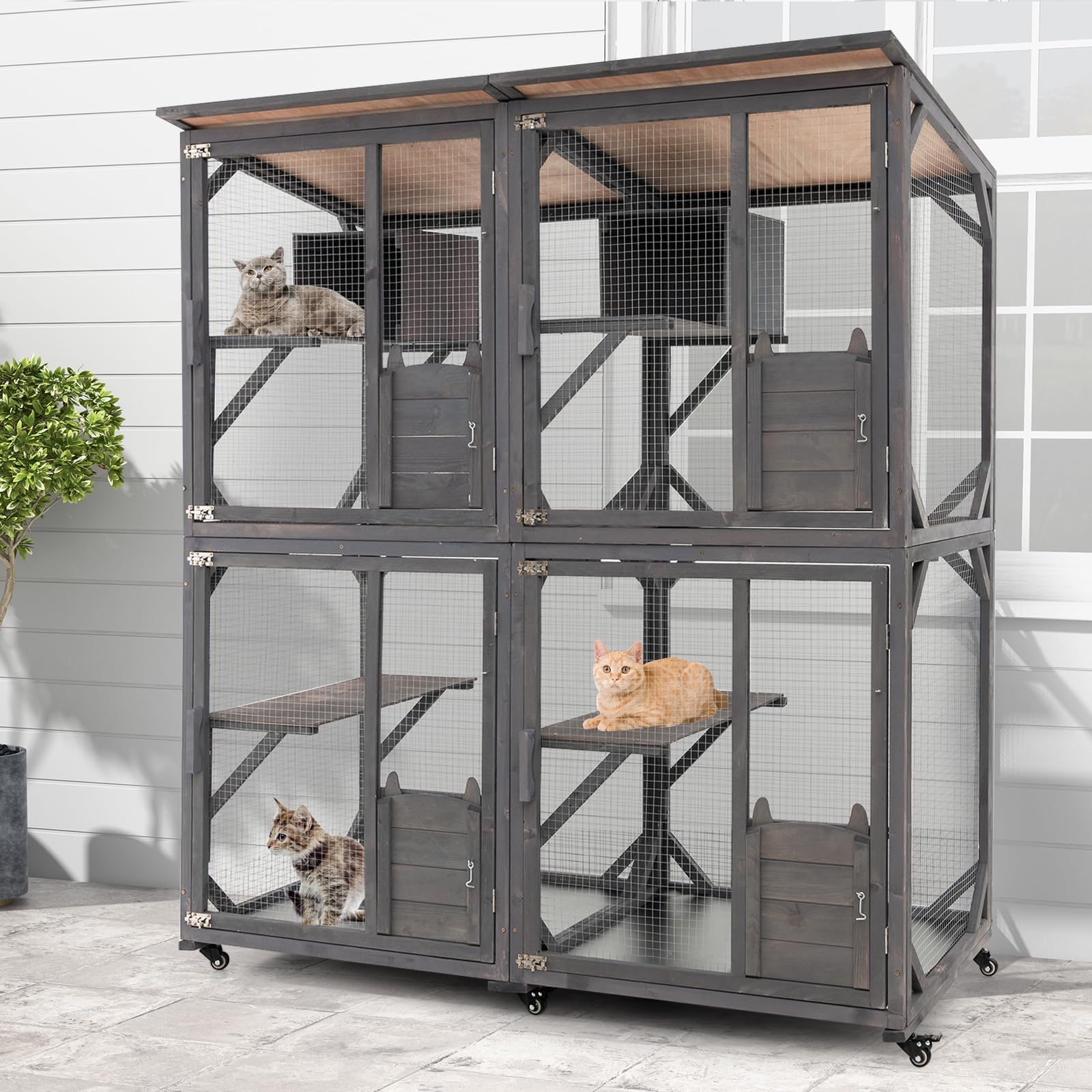Tangkula Catio Outdoor Cat Enclosure Large, 71 Inch Outdoor Cat House Weatherproof With Asphalt Roof, Wooden Cat Cage Playpen With 7 Jumping Platforms & 2 Resting Boxes, Walk-In Cat Kennel Condo