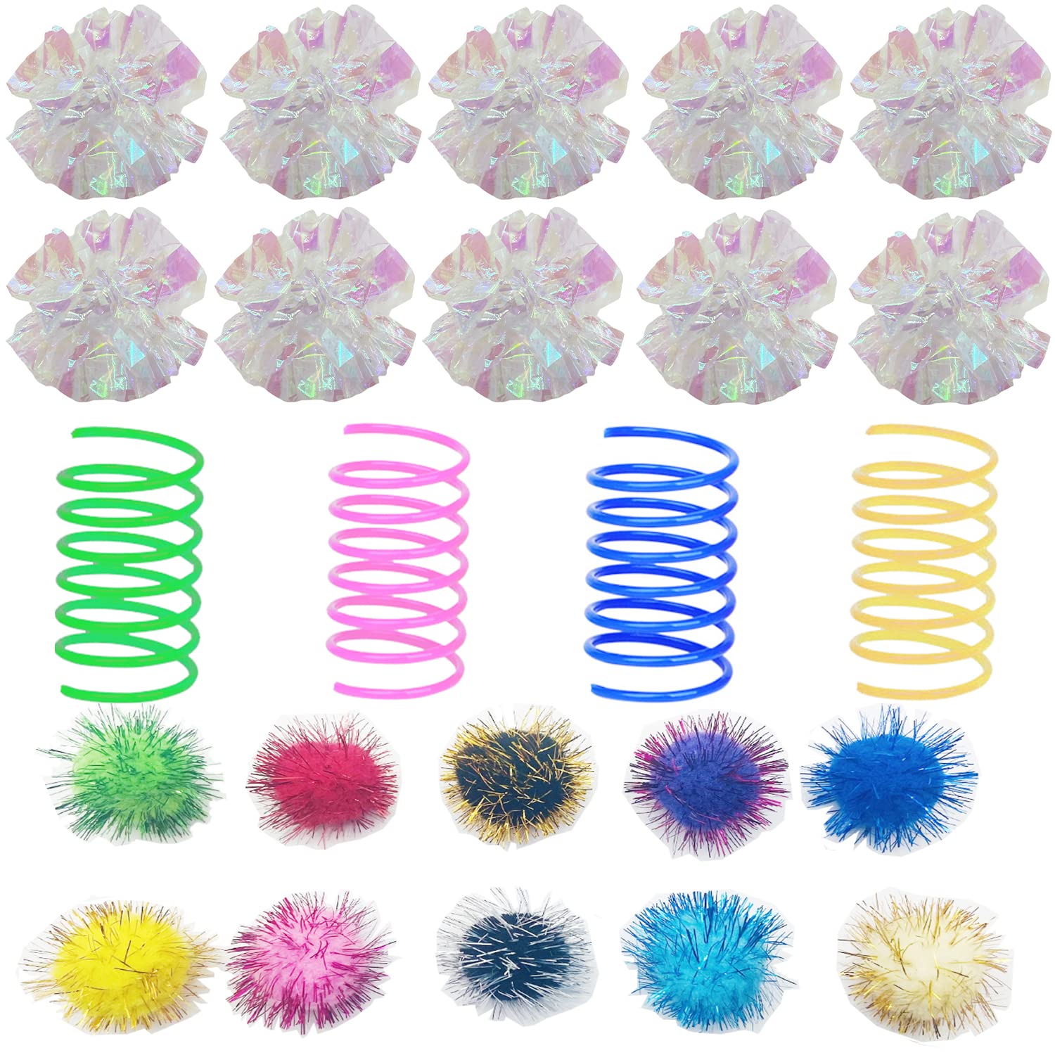 Muluo 32 Pcs Crinkle Balls Cat Toy And Cat Spring Toy, 12 Pcs Mylar Crinkle Ball, 10 Pcs Cat Spiral Spring, 10Pcs Sparkle Balls 