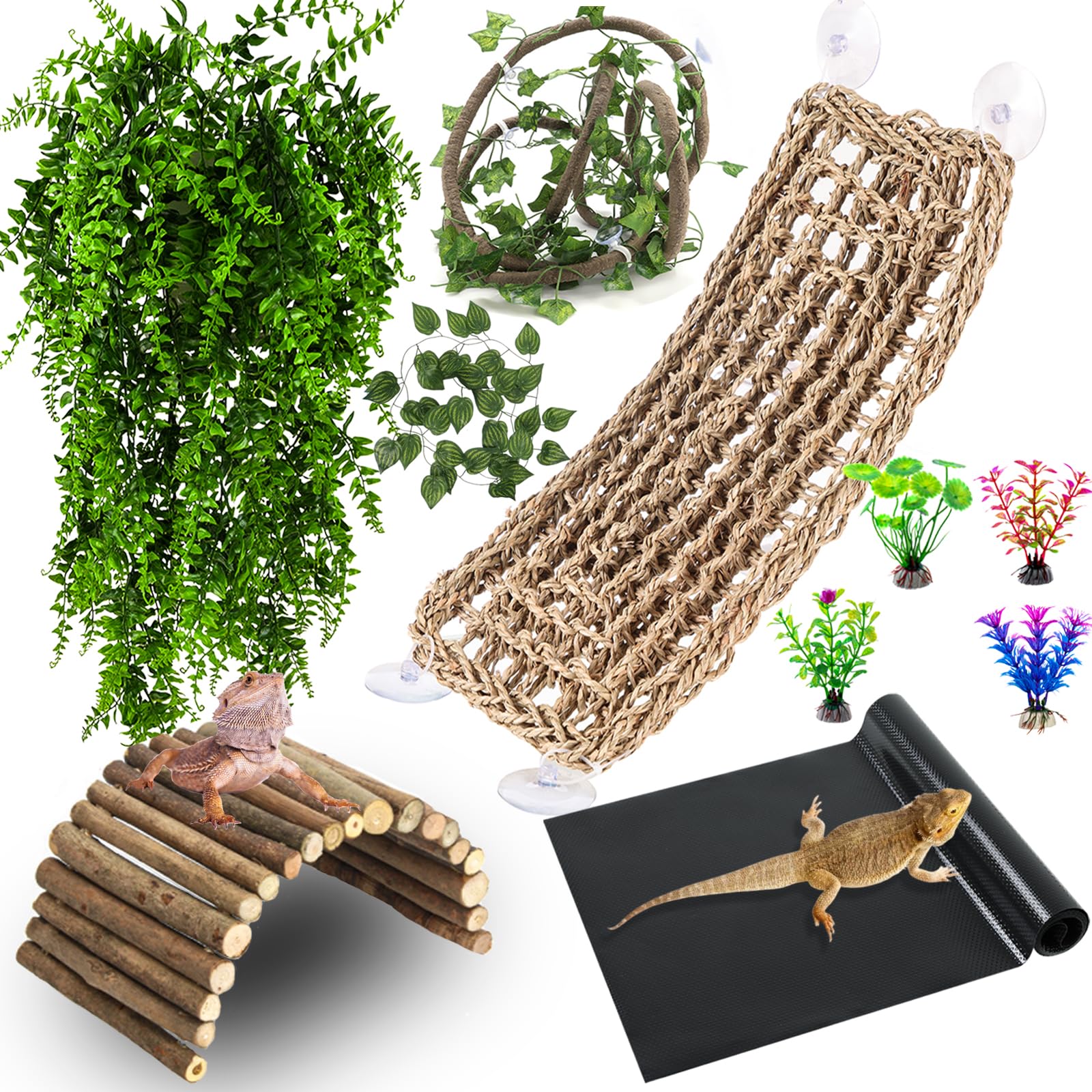 HERCOCCI Bearded Dragon Tank Accessories, Reptile Mat Bridge Hammock Flexible - Jungle Climbing Vines and Leaves with Suction Cu
