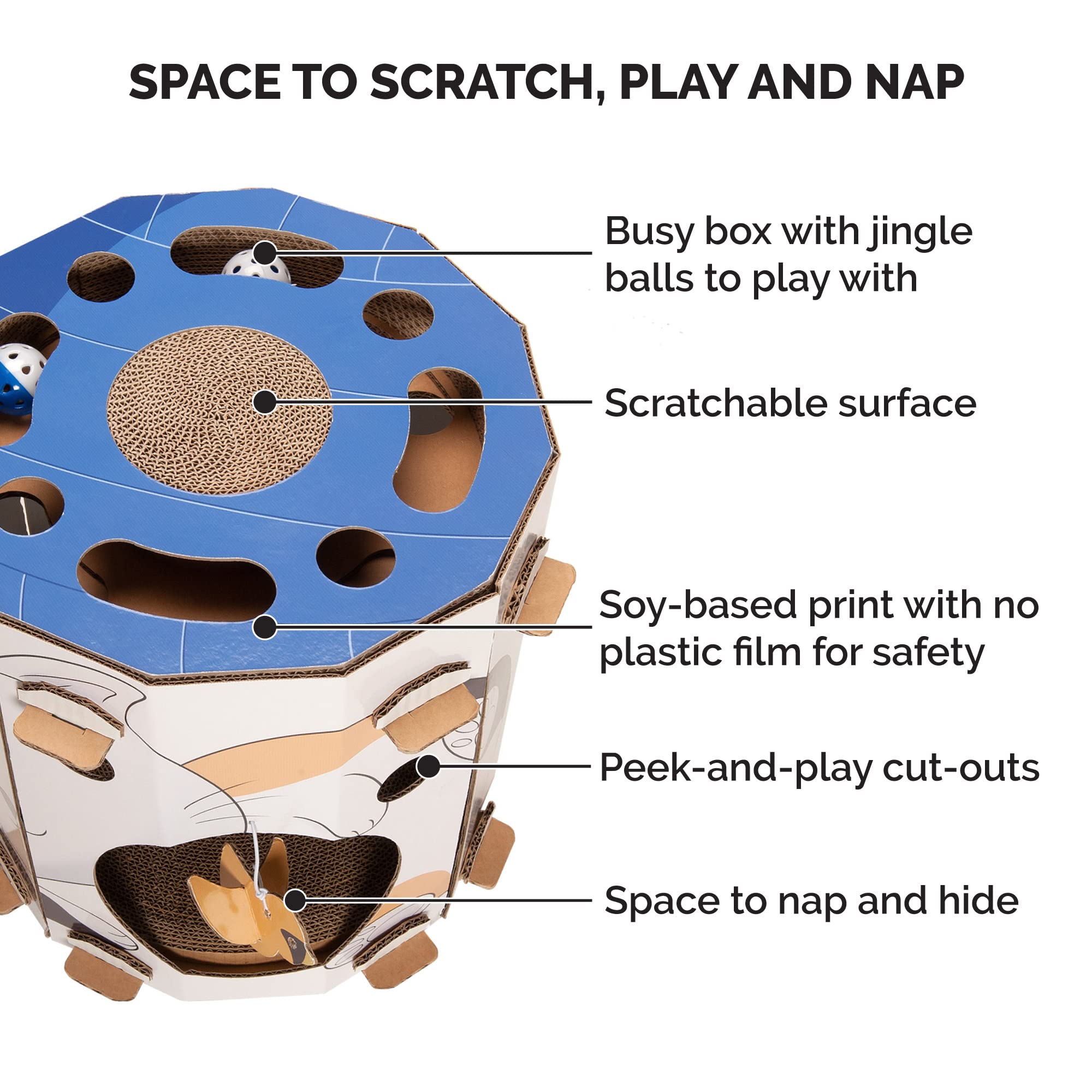 Furhaven Cardboard Hideout W/ Catnip For Indoor Cats, Ft. Scratching Pad, Ball Track, & Toys - Kitty Hideaway Corrugated Cat Scr
