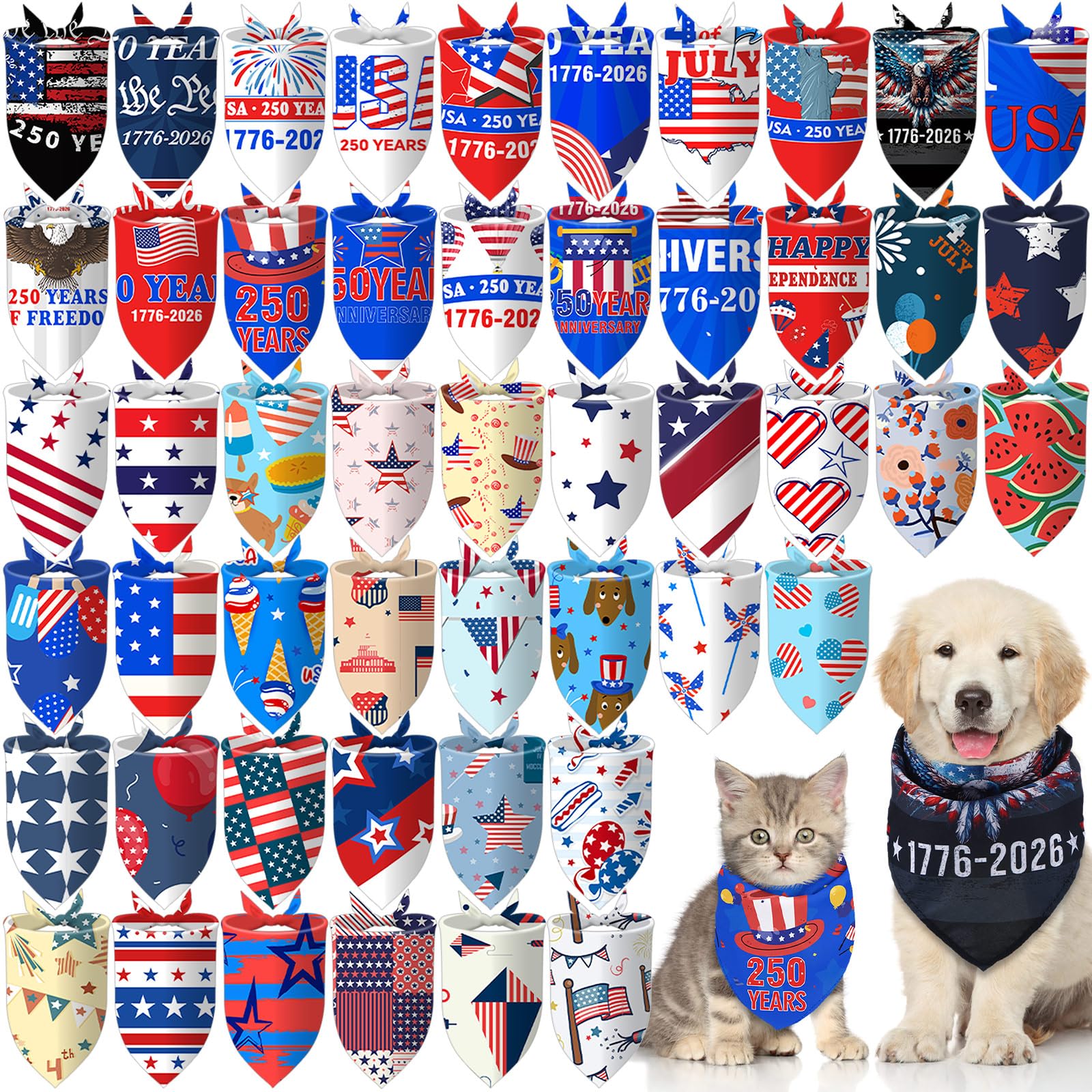 Huhumy 50 Pcs 4th of July Dog Bandanas 250th Anniversary Pet Bandanas Bulk Independence Day Triangle Pet Bibs Scarf for Medium L