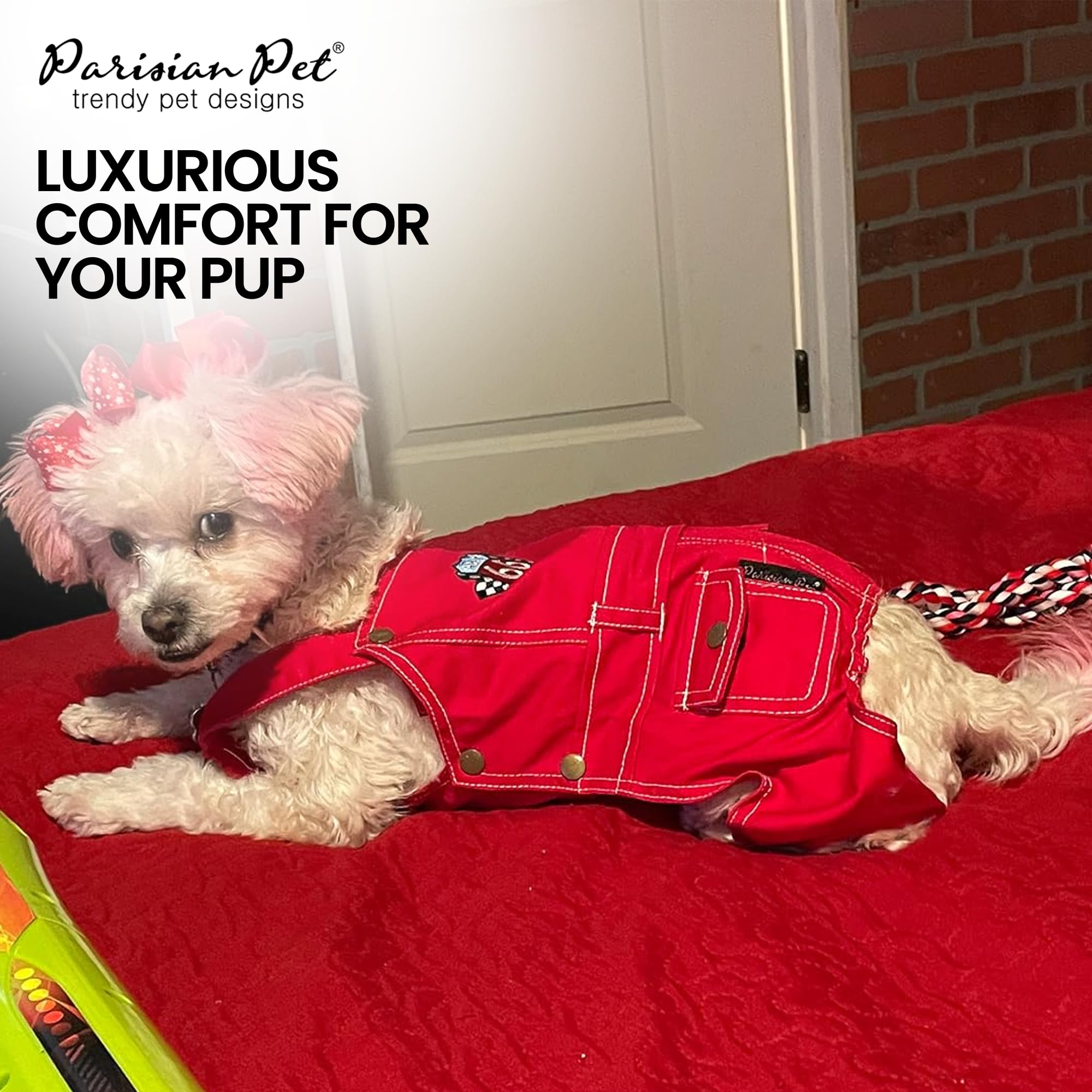 Parisian Pet Denim Dog Overalls - Embroidered 'Route 66' Red Jumpsuit - Breathable, Machine-Washable Medium Dog Costume