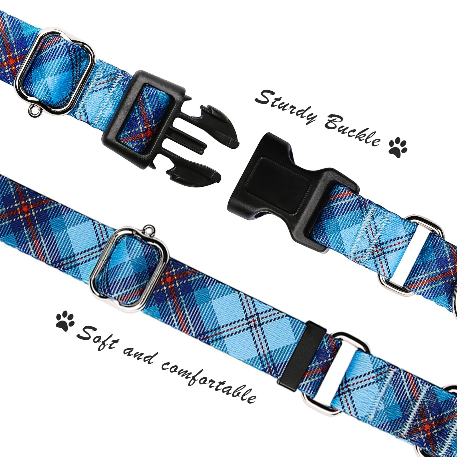 Hikiko Dog Collar For Small Medium Large Dogs, Adjustable Nylon Martingale Collars With Quick Release Buckle (Blue Plaid,M)