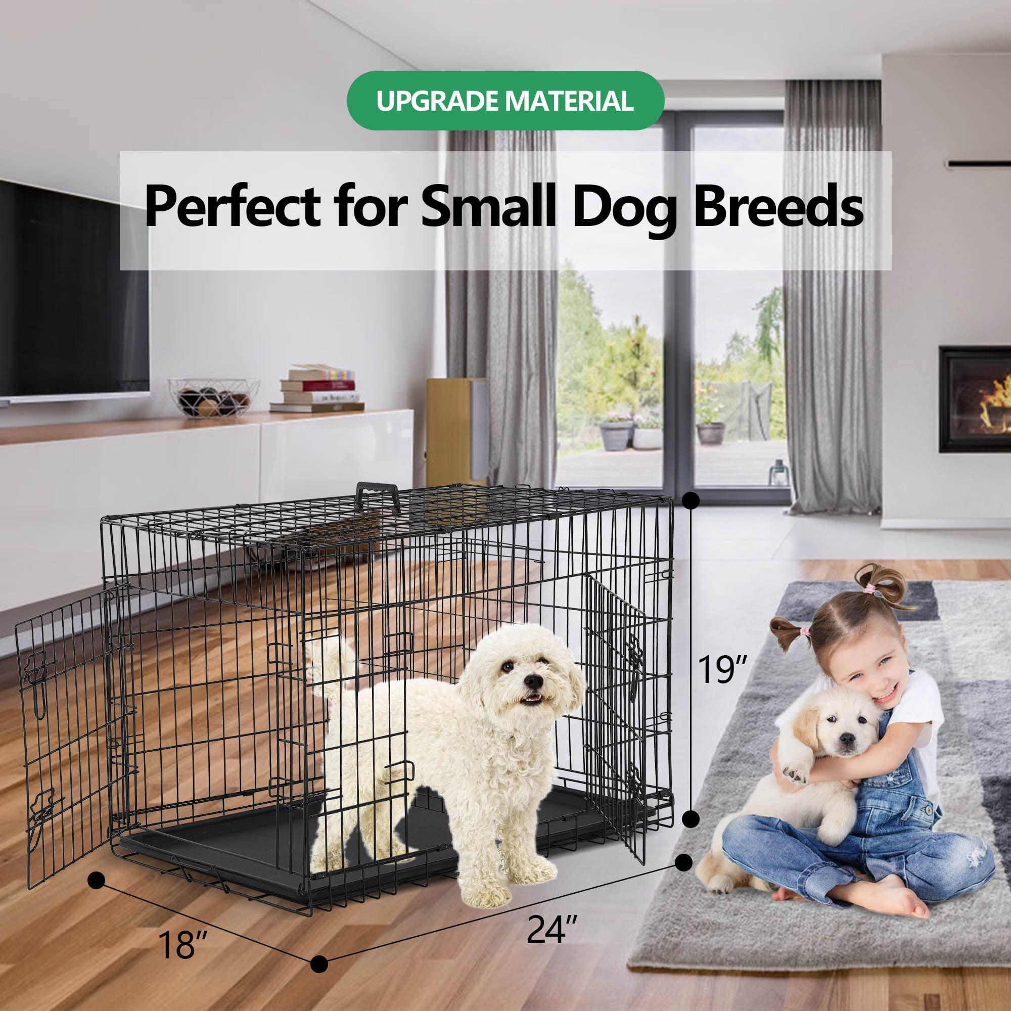 24 Inch Small Dog Crate, Heavy Duty Dog Crates For Small Dogs, Metal Wire Folding Dog Cage With Removable Trays, Locks, Double-D