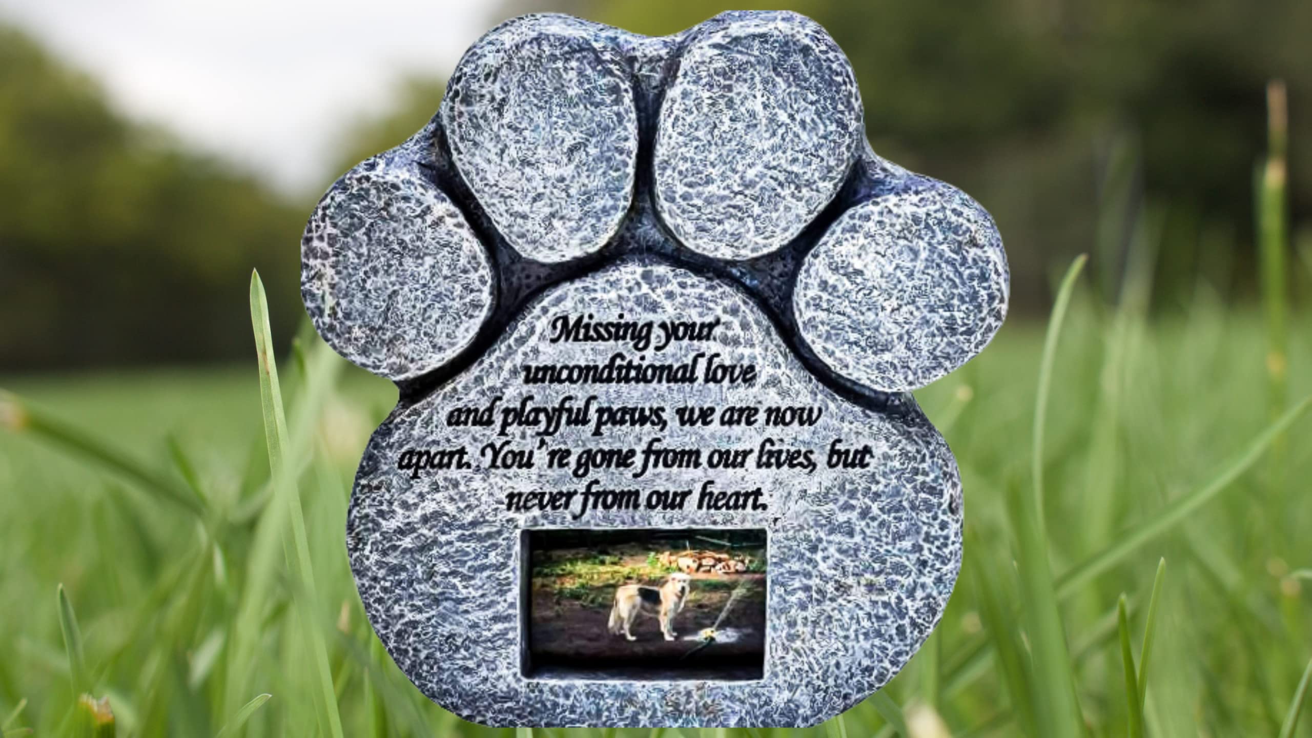 Pawprints Remembered Pet Memorial Stone - Features A Paw Print Photo Frame And Sympathy Poem - Indoor Outdoor Dog Or Cat For Garden Backyard Marker Grave Tombstone - Loss Of Pet Gift - Loss Of Dog Gift
