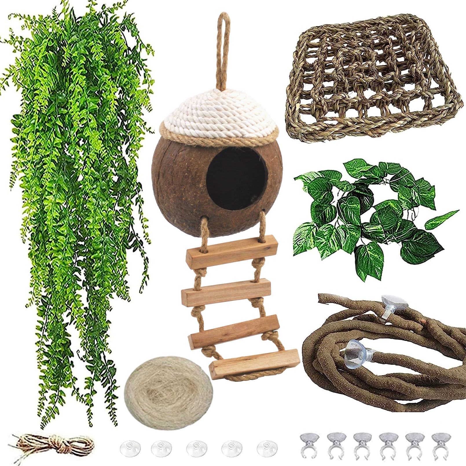 Muyg Leopard Gecko Coconut Hut With Ladder,Grested Gecko Coco Den Lizards Hanging Coconut Shell Hideout Cave Reptiles Tank Acces
