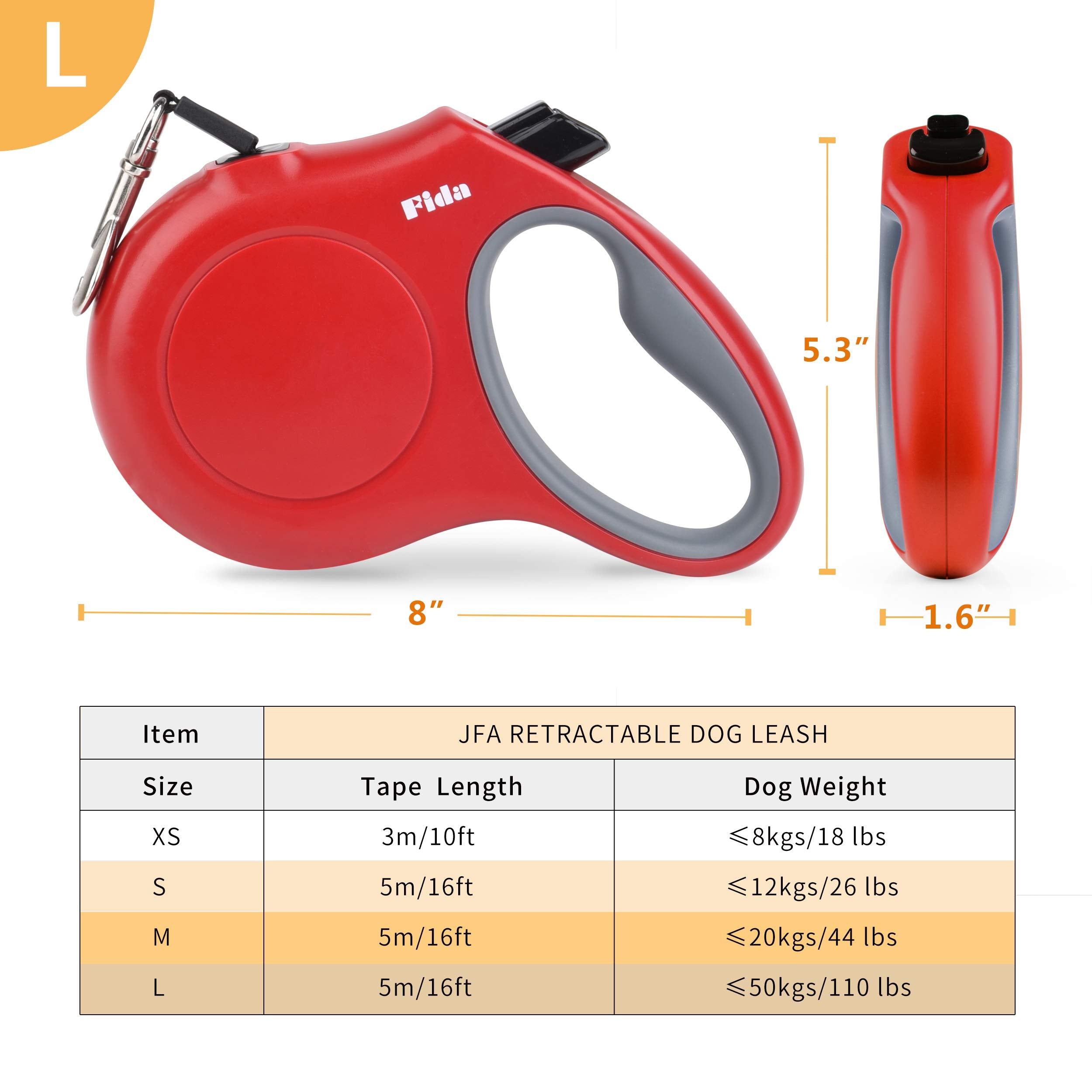 Fida Retractable Dog Leash, 16Ft Heavy Duty Pet Walking Leash For X-Small/Small/Medium/Large Dog Or Cat Up To 110 Lbs, Tangle Free. One-Hand Brake (Large, Red)