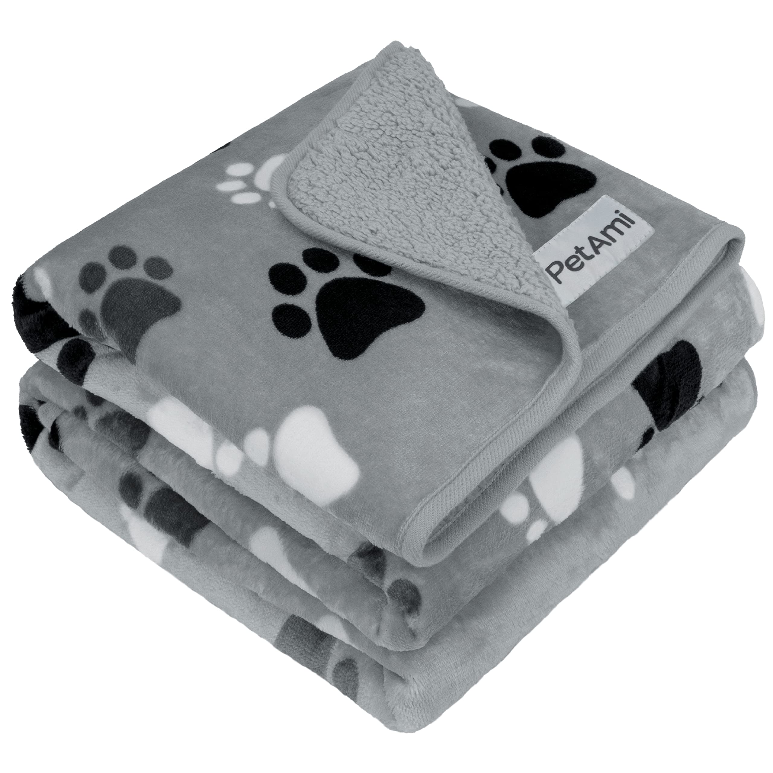 Petami Waterproof Dog Blanket For Medium Large Dogs, Pee Proof Pet Blanket Sherpa Fleece Couch Cover, Reversible Cat Throw Bed Sofa Protector, Soft Plush Washable Pad (Large 40X60, Paw Print Gray)