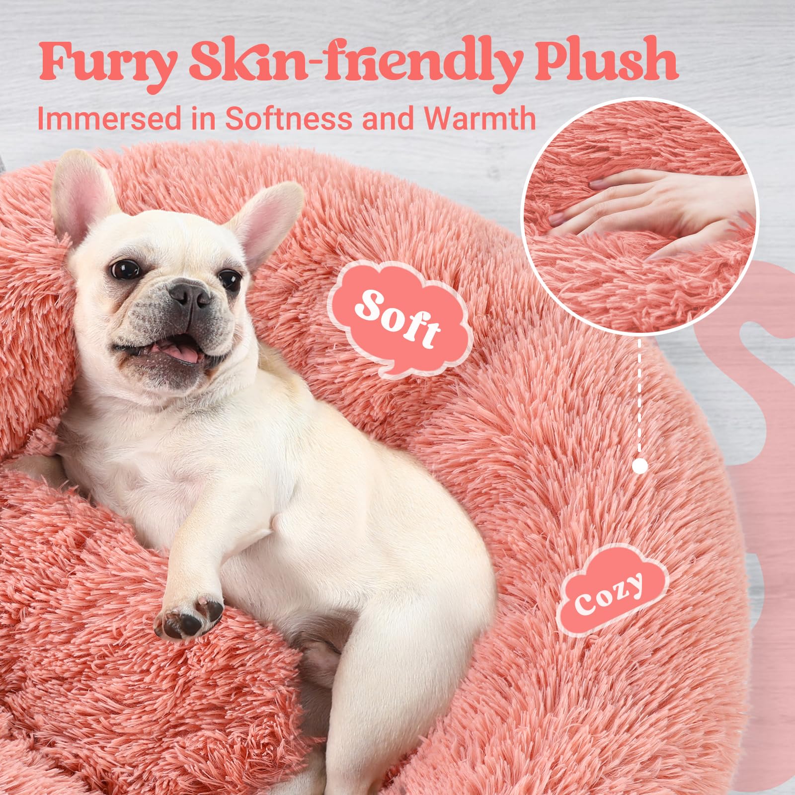Rabbitgoo Cat Beds For Indoor Cats, 24 Inches Cat Bed Machine Washable, Fluffy Round Pet Bed Non-Slip, Calming Soft Plush Donut Cuddler Cushion Self Warming For Small Dogs Kittens, Pink, Large