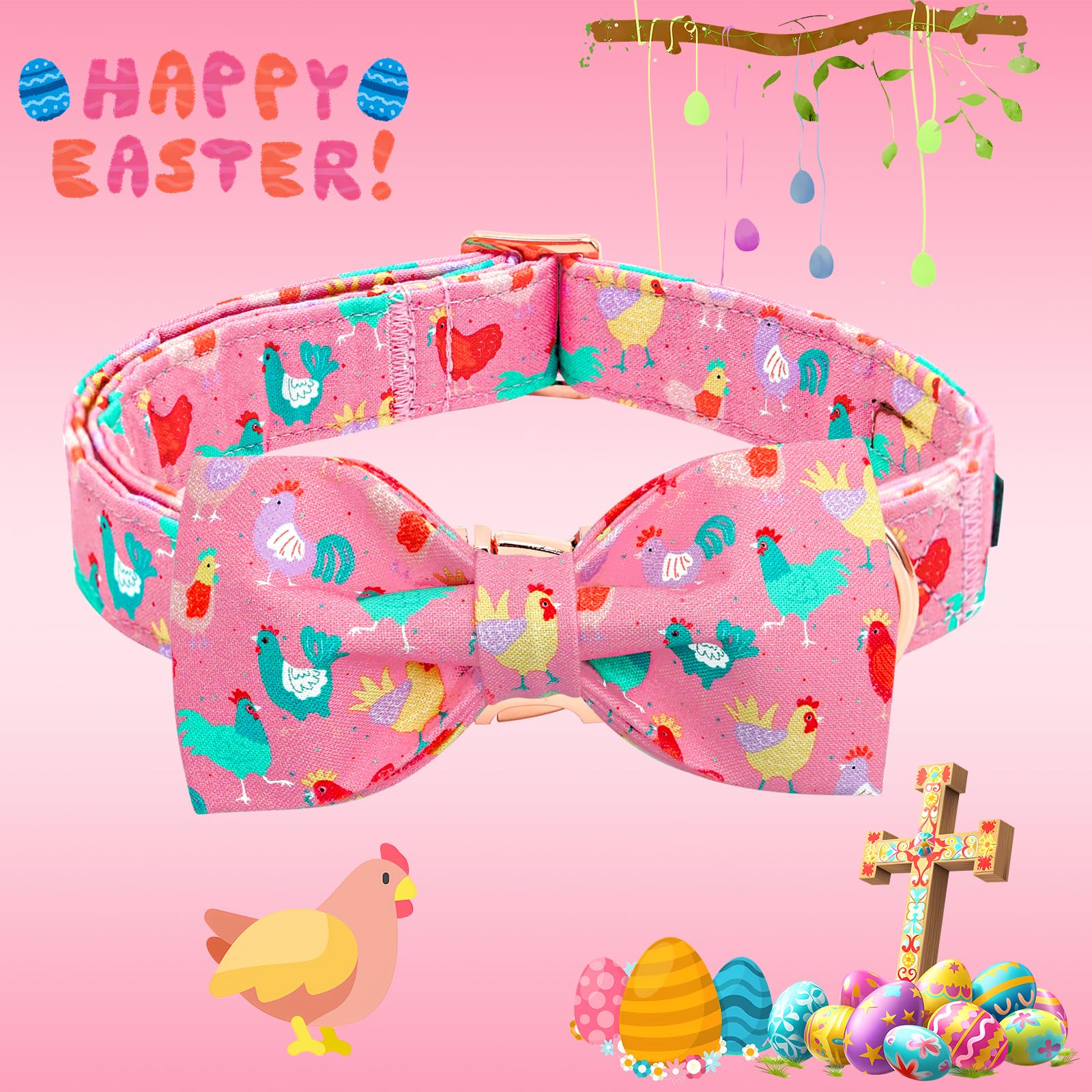 Lionheart Glory Dog Bow Collar Easter Day Dog Collar For X-Small Dogs,Easter Chickens Colorful Dog Collars With Bowtie Spring Pi