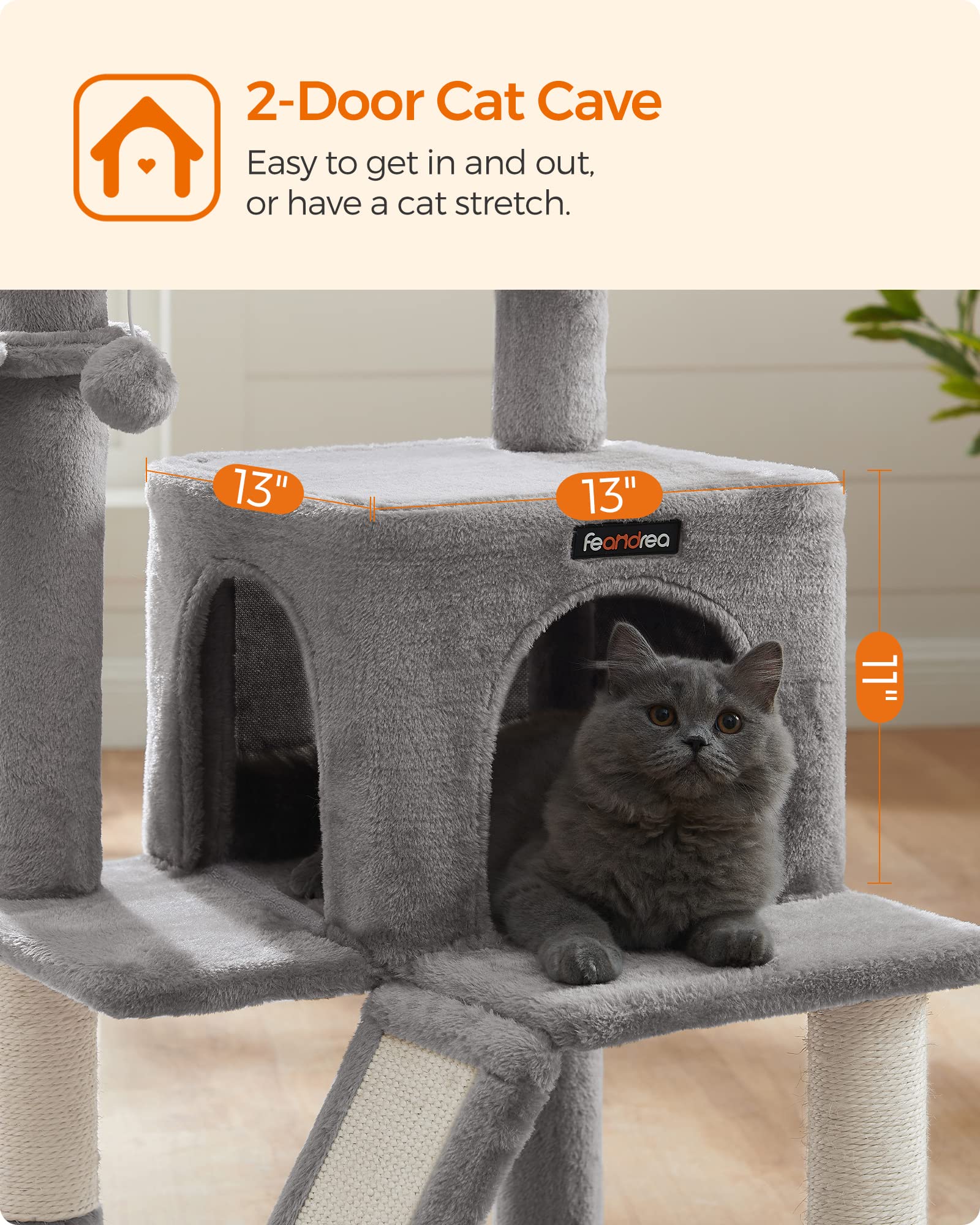Feandrea Cat Tree, Small Cat Tower With Widened Perch For Large Cats Indoor, Kittens, 37.8-Inch Multi-Level Cat Condo, Scratching Posts And Ramp, 2-Door Cat Cave, Cat Basket, Light Gray Upct51W
