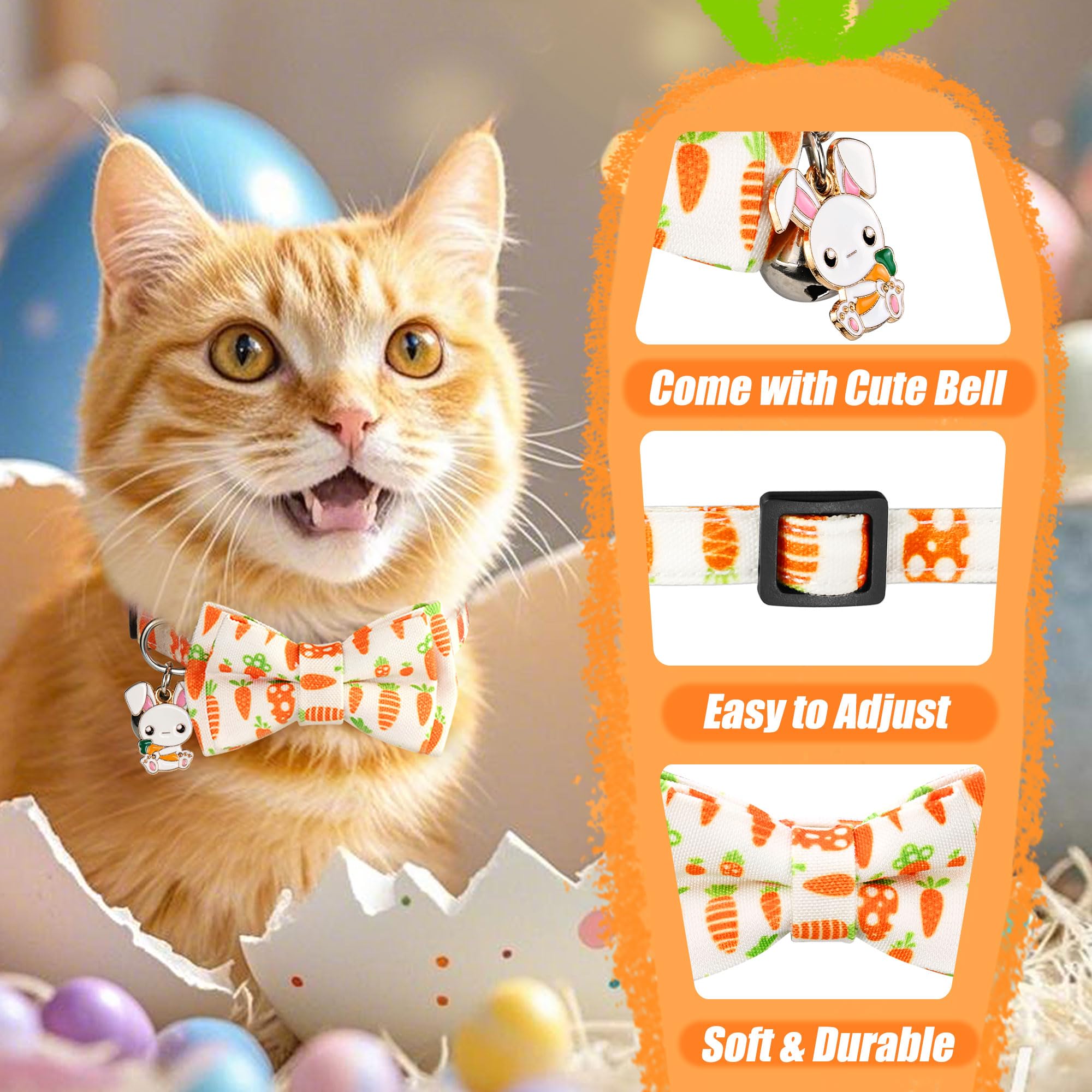 G-Ficu 2 Pack Easter Cat Collar Breakaway With Cute Bow Tie Bell Charm, Easter Eggs Carrot Holiday Collars For Girl Boy Cats Kit