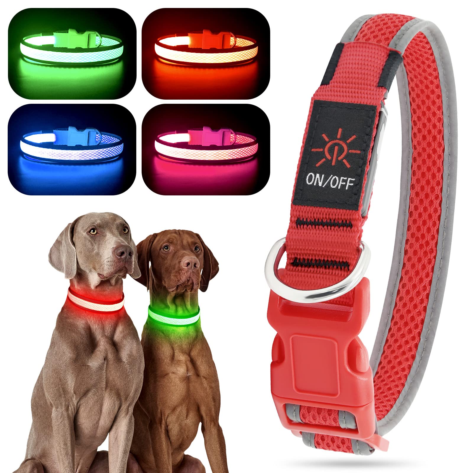 Yfbrite Light Up Dog Collar, Rechargeable Flashing Led Collar, Adjustable Reflective Safety Glowing At Night (Red, Large)
