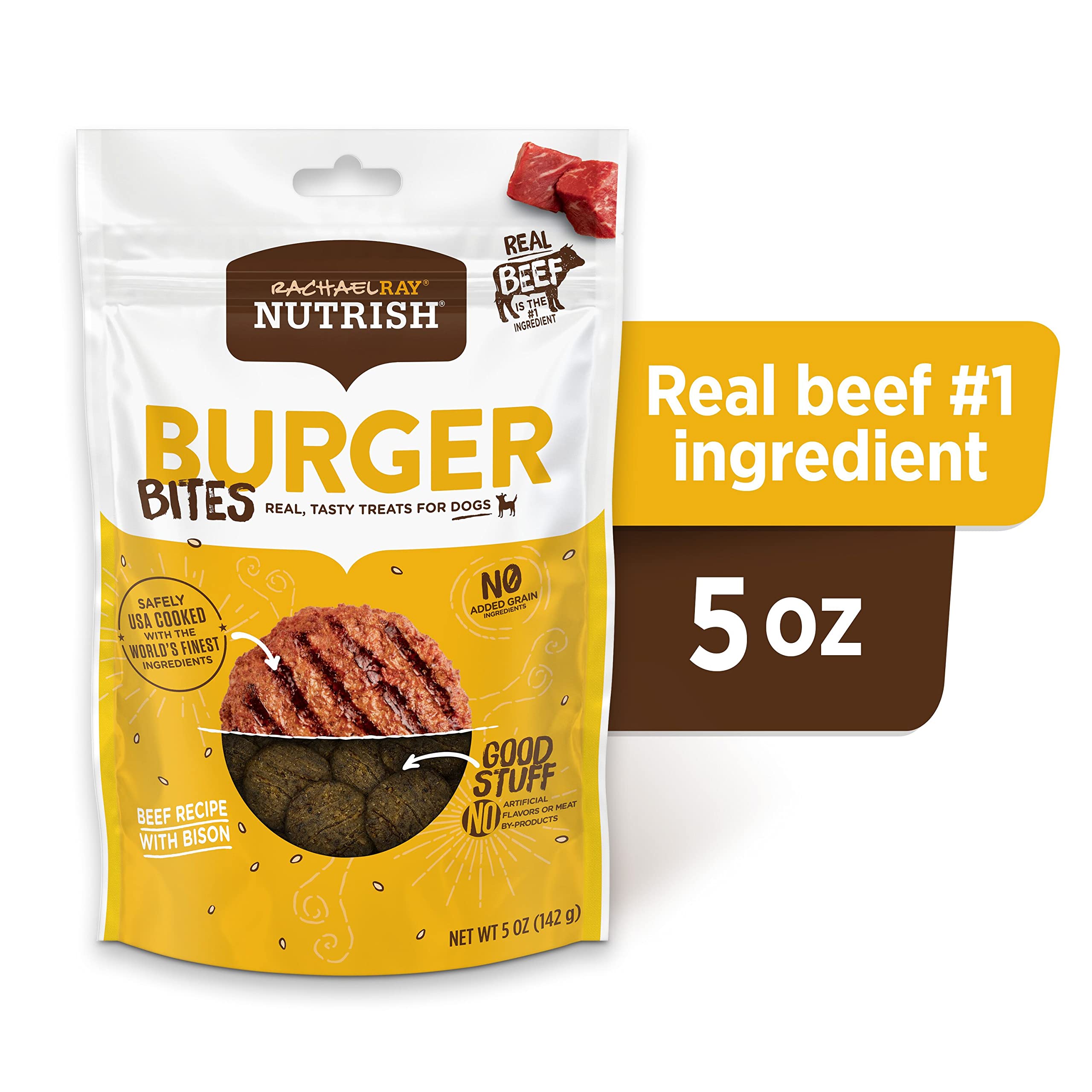 Rachael Ray Nutrish Burger Bites Real Meat Dog Treats, Beef Burger with Bison Recipe, 5 Ounces (Pack of 5), Grain Free